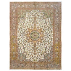 Antique 1940s Persian Tabriz 10x13 Ivory & Taupe Handmade Area Rug