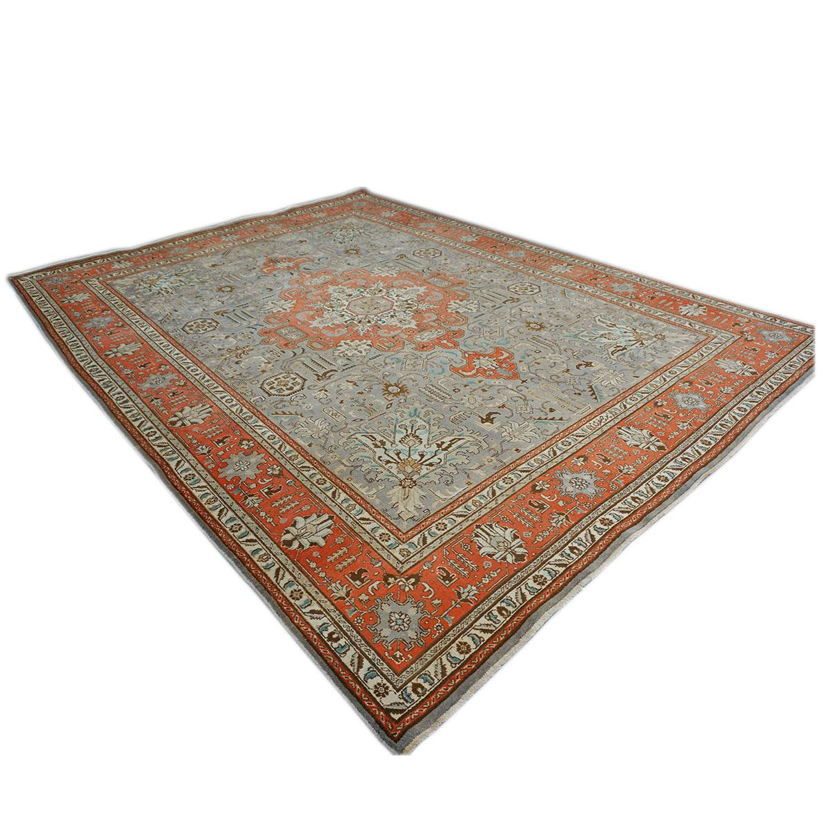 Antike 1940er Persisch Tabriz 10x13 Orange & Grau Handgefertigt Bereich Teppich (Handgewebt) im Angebot