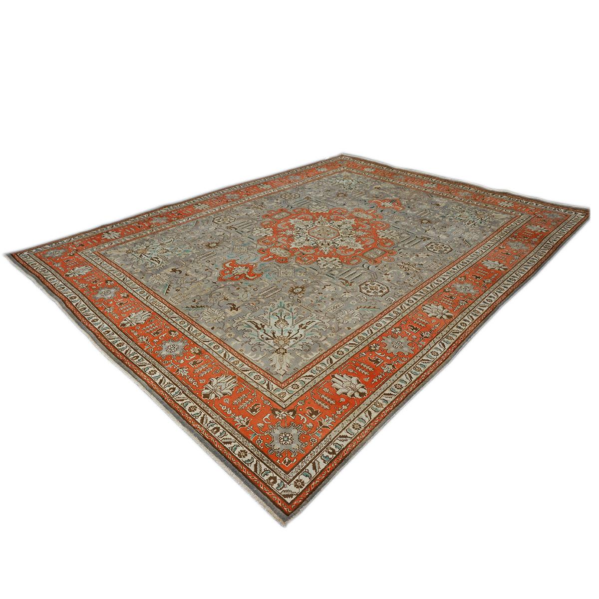 Antike 1940er Persisch Tabriz 10x13 Orange & Grau Handgefertigt Bereich Teppich im Zustand „Gut“ im Angebot in Houston, TX