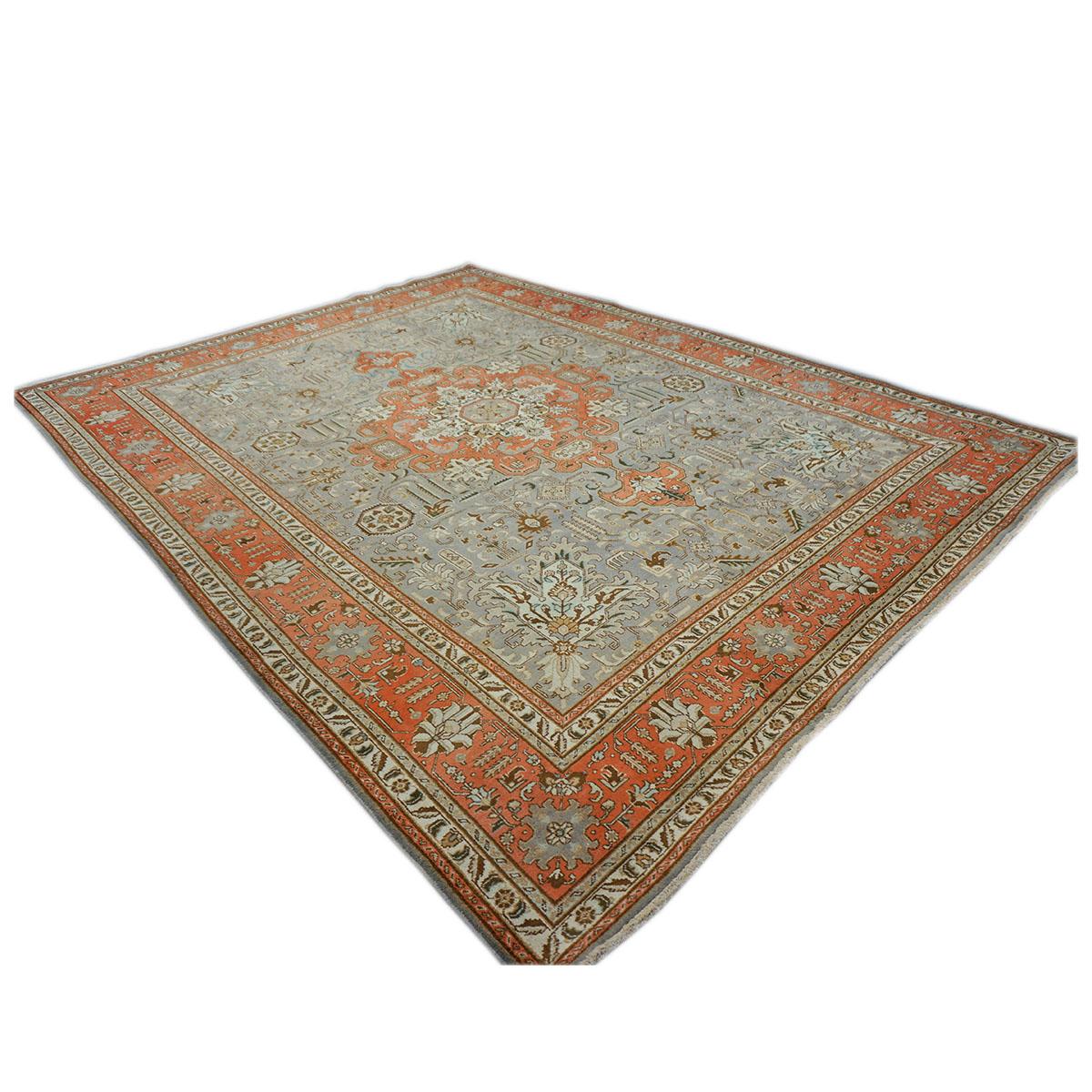 Antike 1940er Persisch Tabriz 10x13 Orange & Grau Handgefertigt Bereich Teppich (Wolle) im Angebot