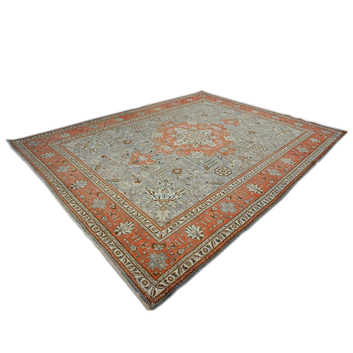 Antike 1940er Persisch Tabriz 10x13 Orange & Grau Handgefertigt Bereich Teppich im Angebot 1