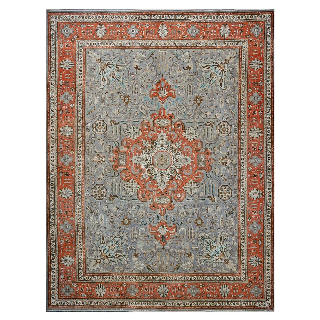 Antike 1940er Persisch Tabriz 10x13 Orange & Grau Handgefertigt Bereich Teppich im Angebot
