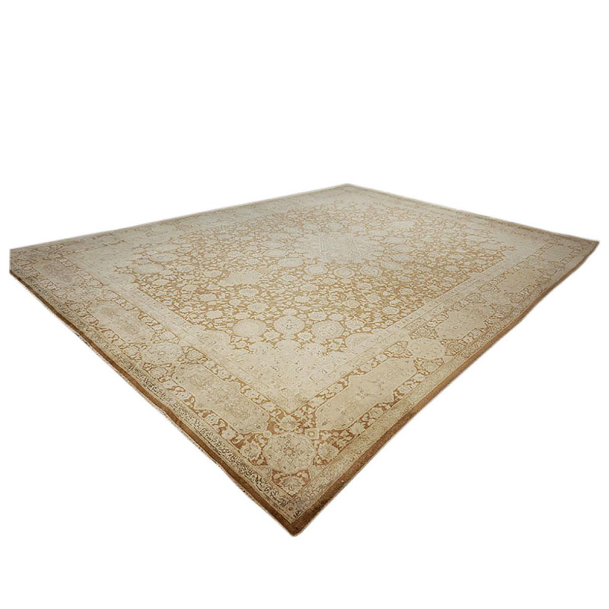 Hand-Woven Antique 1940s Persian Tabriz 10x13 Tan, Brown, & Ivory Handmade Area Rug For Sale