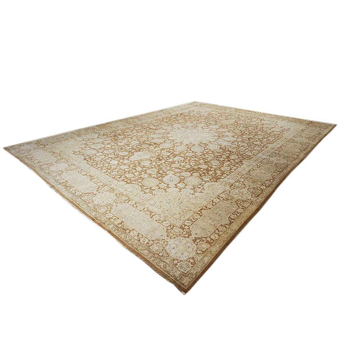 Mid-20th Century Antique 1940s Persian Tabriz 10x13 Tan, Brown, & Ivory Handmade Area Rug For Sale