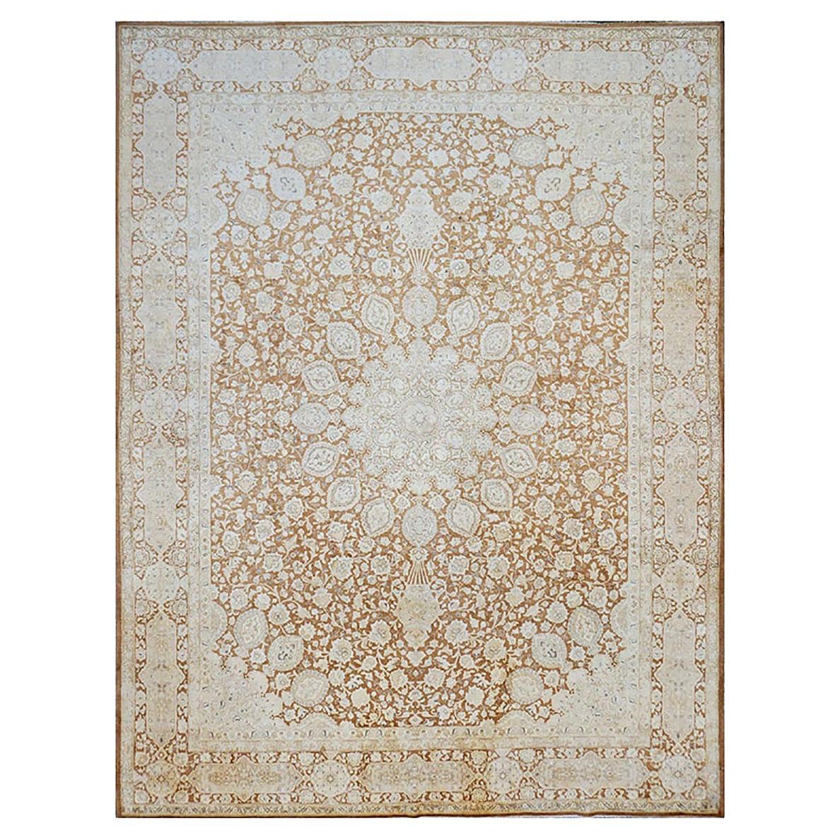 Antique 1940s Persian Tabriz 10x13 Tan, Brown, & Ivory Handmade Area Rug For Sale