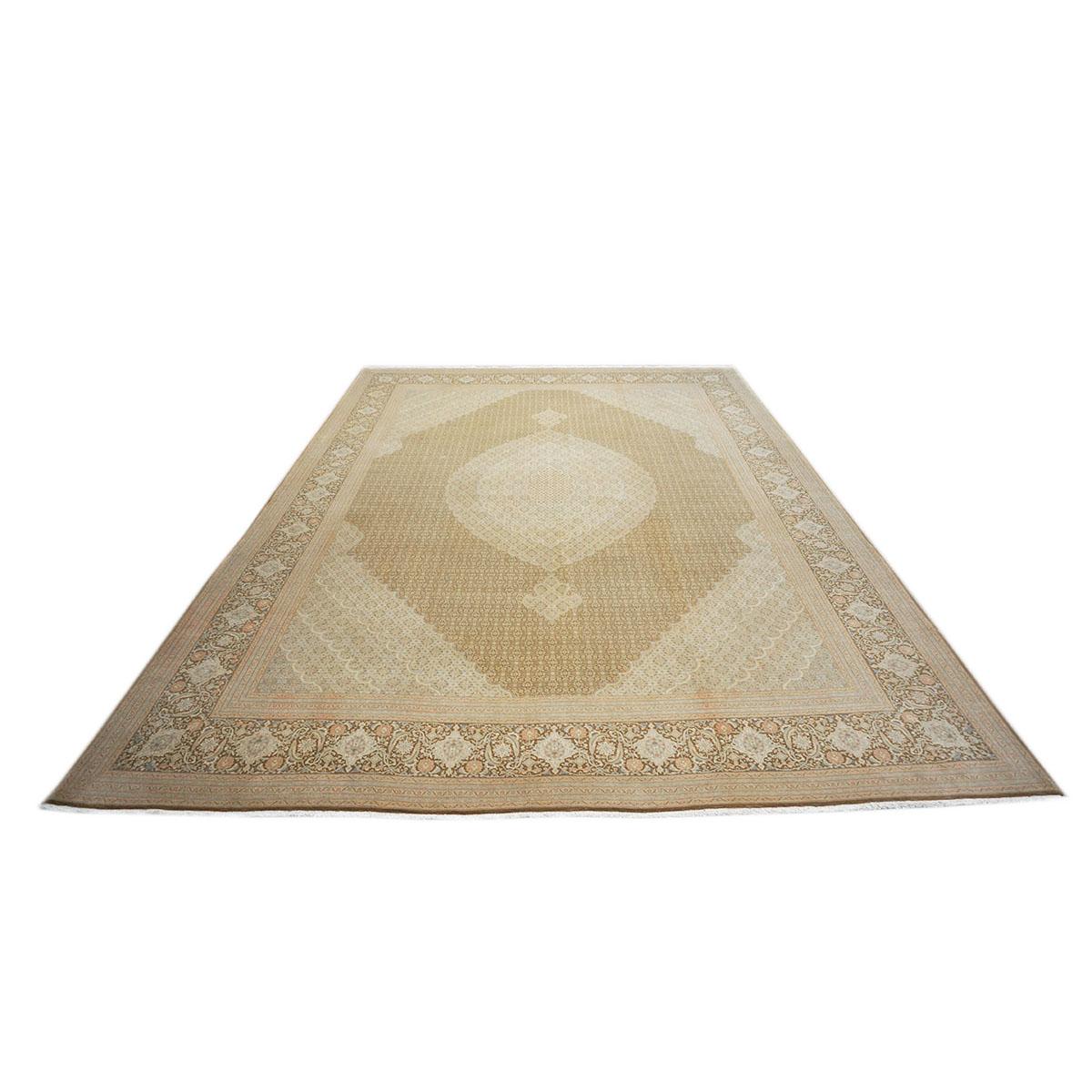 Hand-Woven Antique 1940s Persian Tabriz 10x14 Ivory, Brown, & Tan Handmade Area Rug For Sale