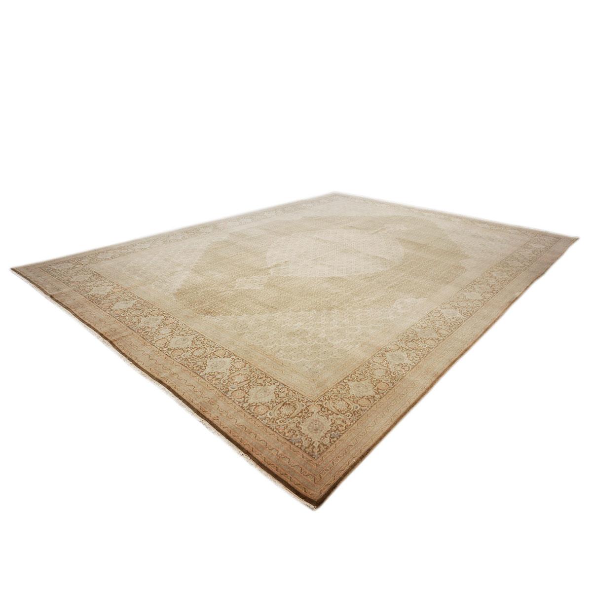Mid-20th Century Antique 1940s Persian Tabriz 10x14 Ivory, Brown, & Tan Handmade Area Rug For Sale