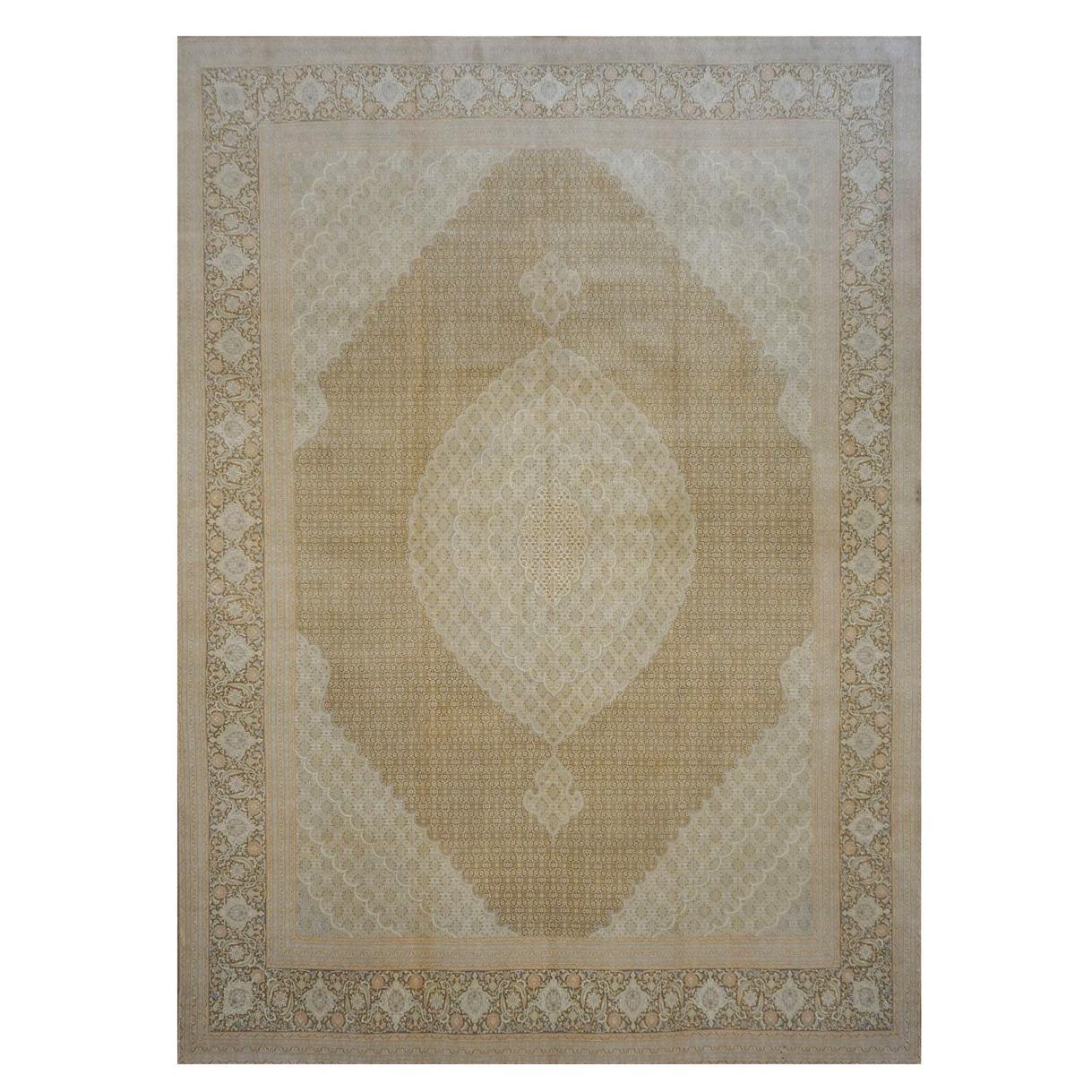 Antique 1940s Persian Tabriz 10x14 Ivory, Brown, & Tan Handmade Area Rug For Sale