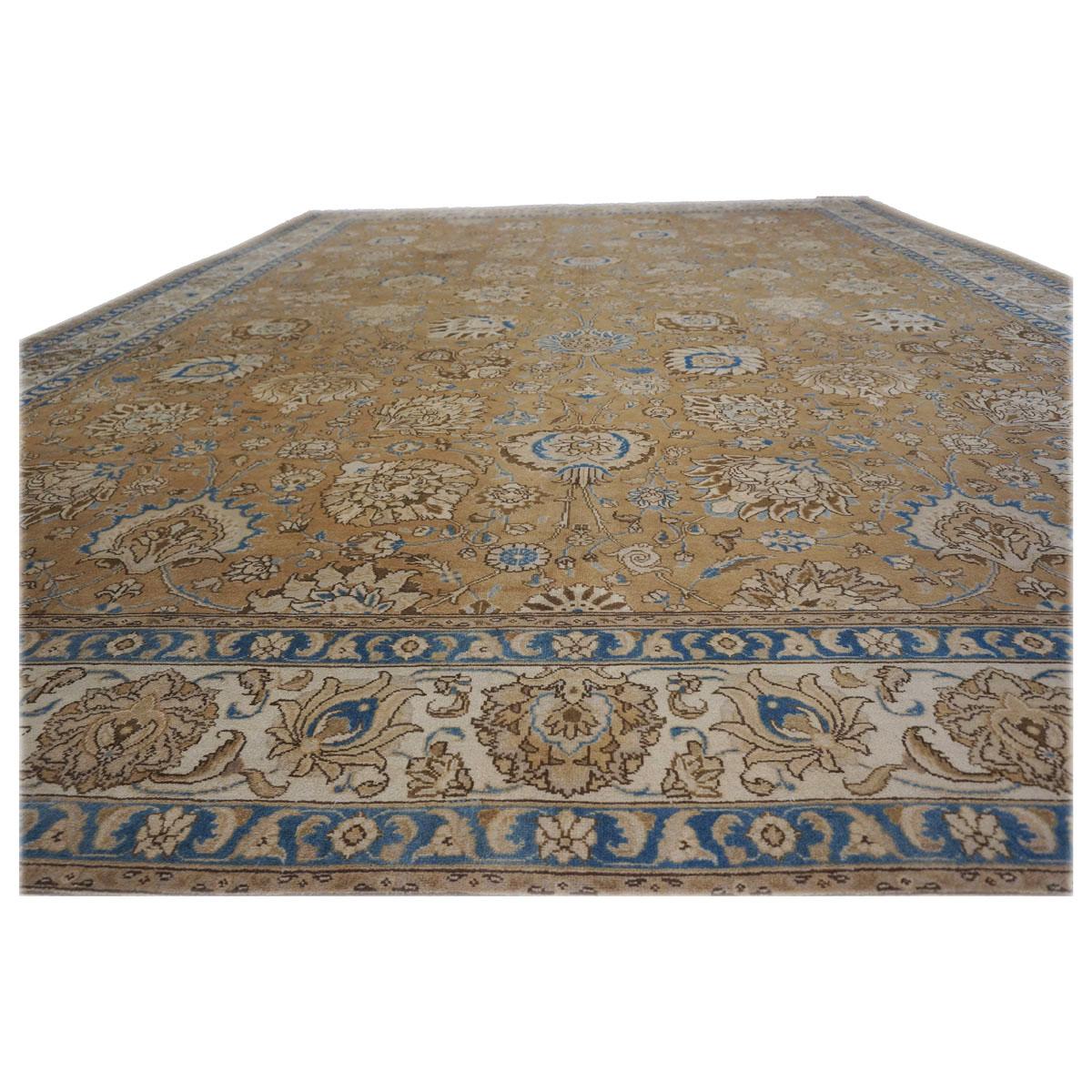 Hand-Woven Antique 1940s Persian Tabriz 11x15 Brown, Tan, & Blue Handmade Area Rug For Sale