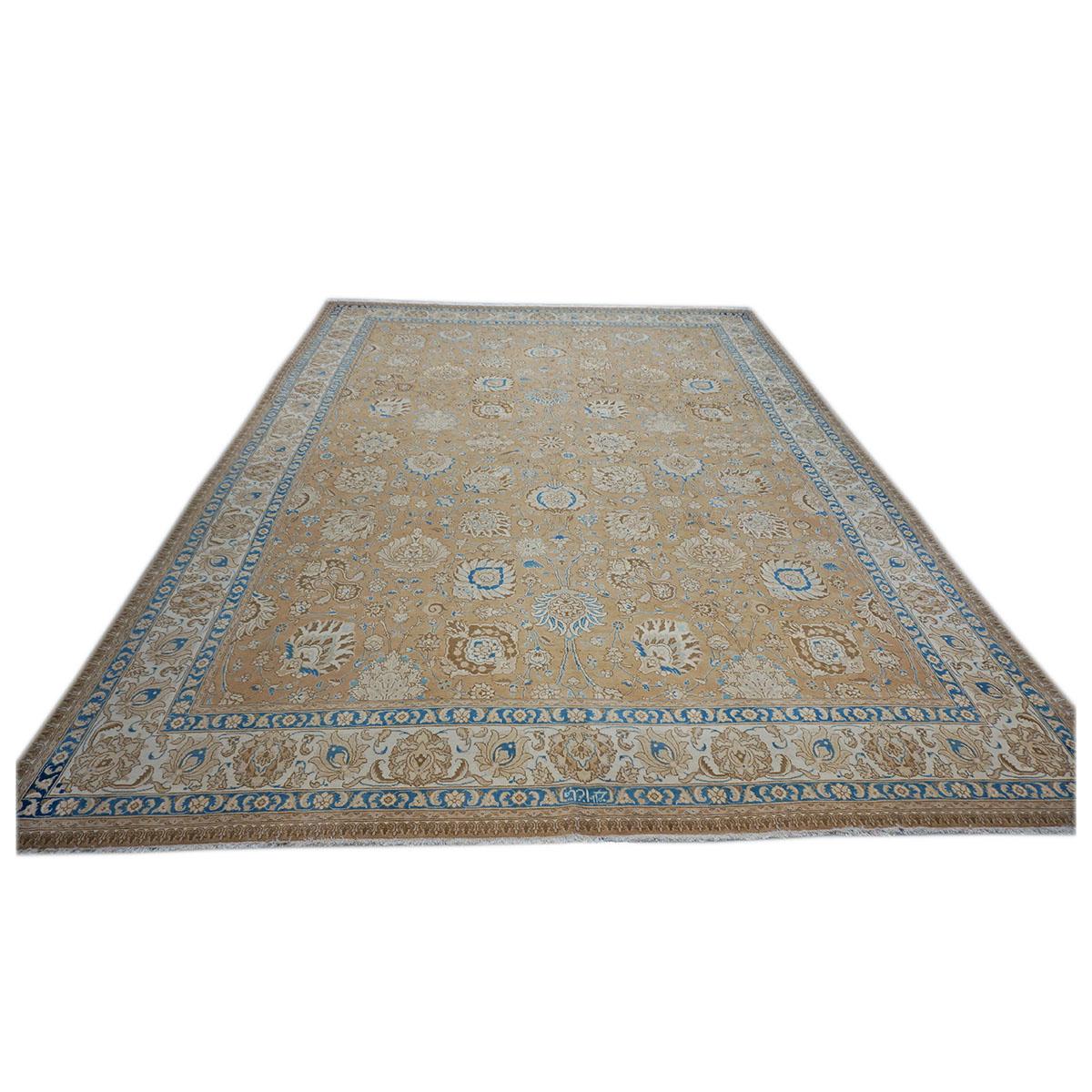 Antique 1940s Persian Tabriz 11x15 Brown, Tan, & Blue Handmade Area Rug In Good Condition For Sale In Houston, TX