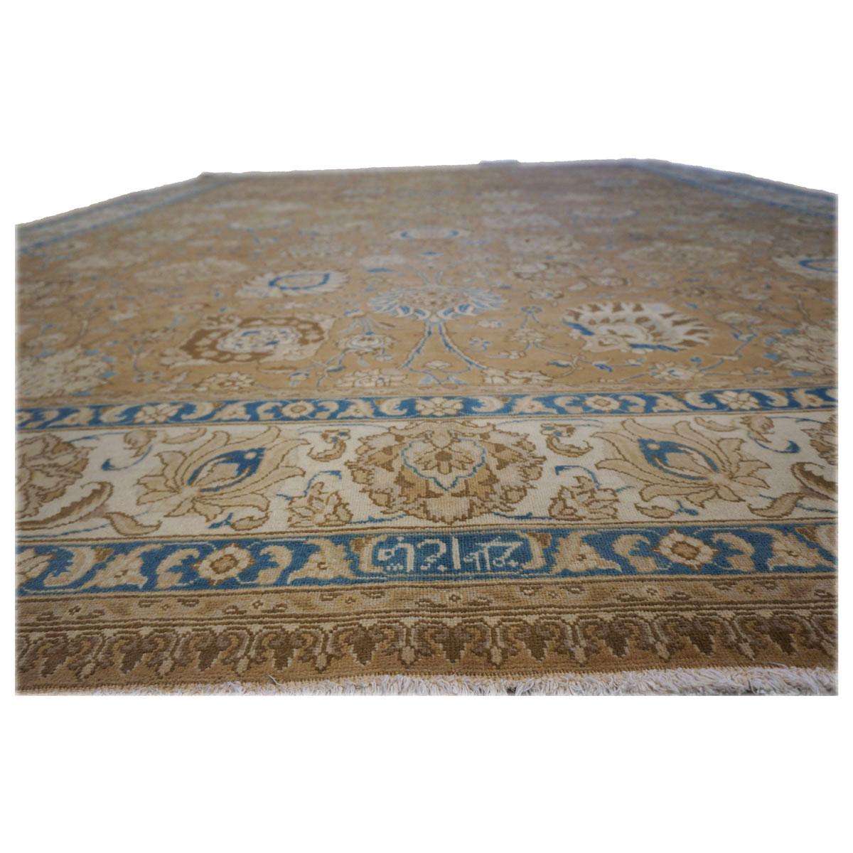 Mid-20th Century Antique 1940s Persian Tabriz 11x15 Brown, Tan, & Blue Handmade Area Rug For Sale