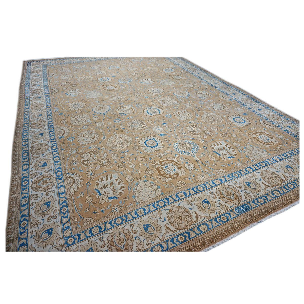 Wool Antique 1940s Persian Tabriz 11x15 Brown, Tan, & Blue Handmade Area Rug For Sale