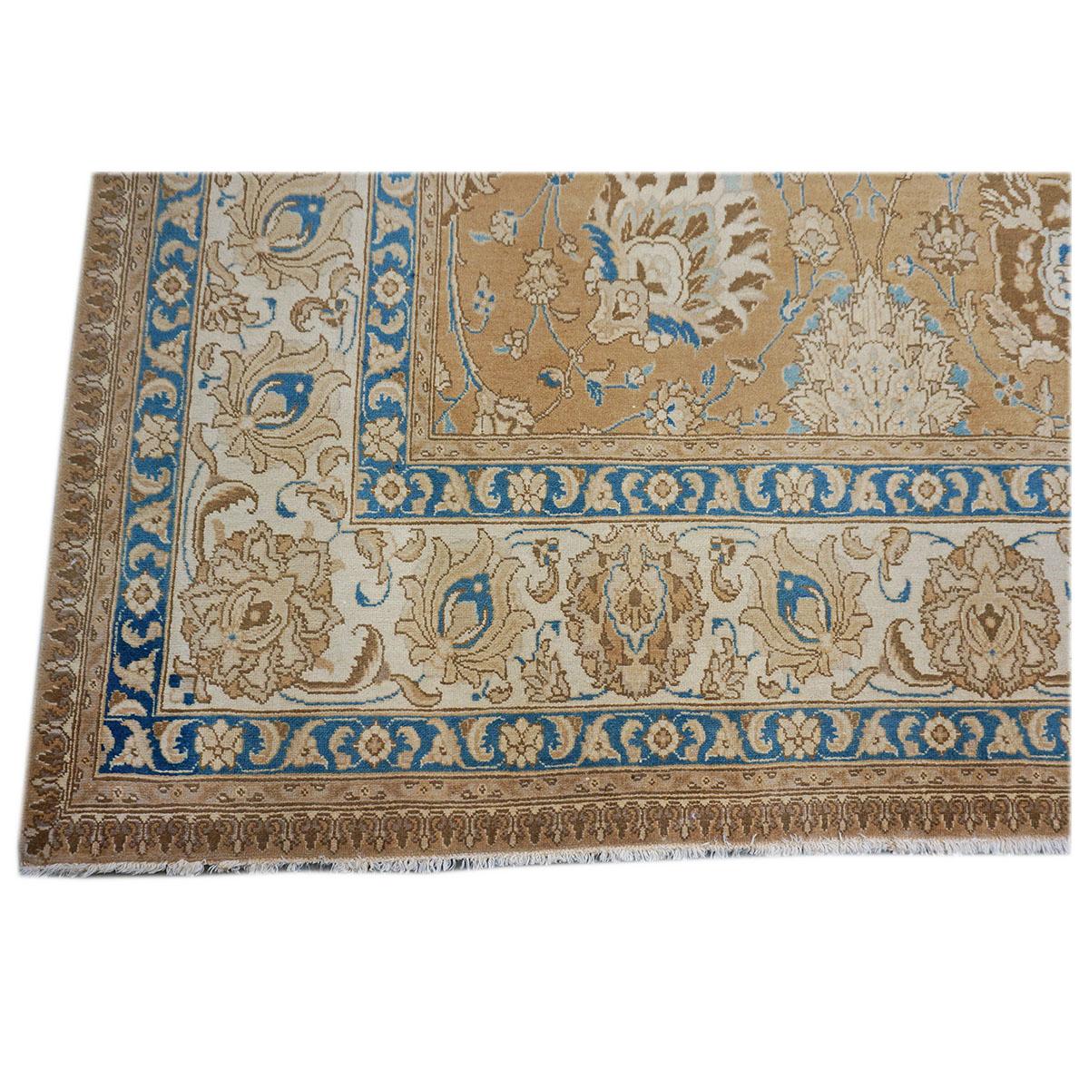 Antique 1940s Persian Tabriz 11x15 Brown, Tan, & Blue Handmade Area Rug For Sale 3