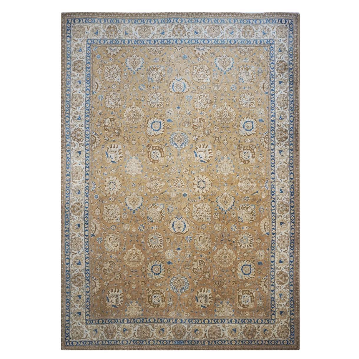 Antique 1940s Persian Tabriz 11x15 Brown, Tan, & Blue Handmade Area Rug For Sale