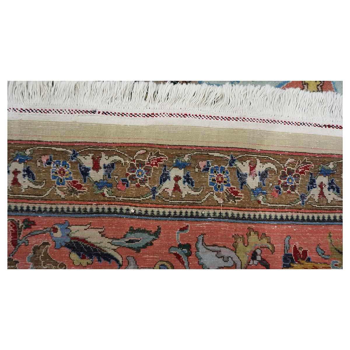 Antique 1940s Persian Tabriz 11x17 Grey, Green, Pink, & Orange Handmade Area Rug For Sale 4