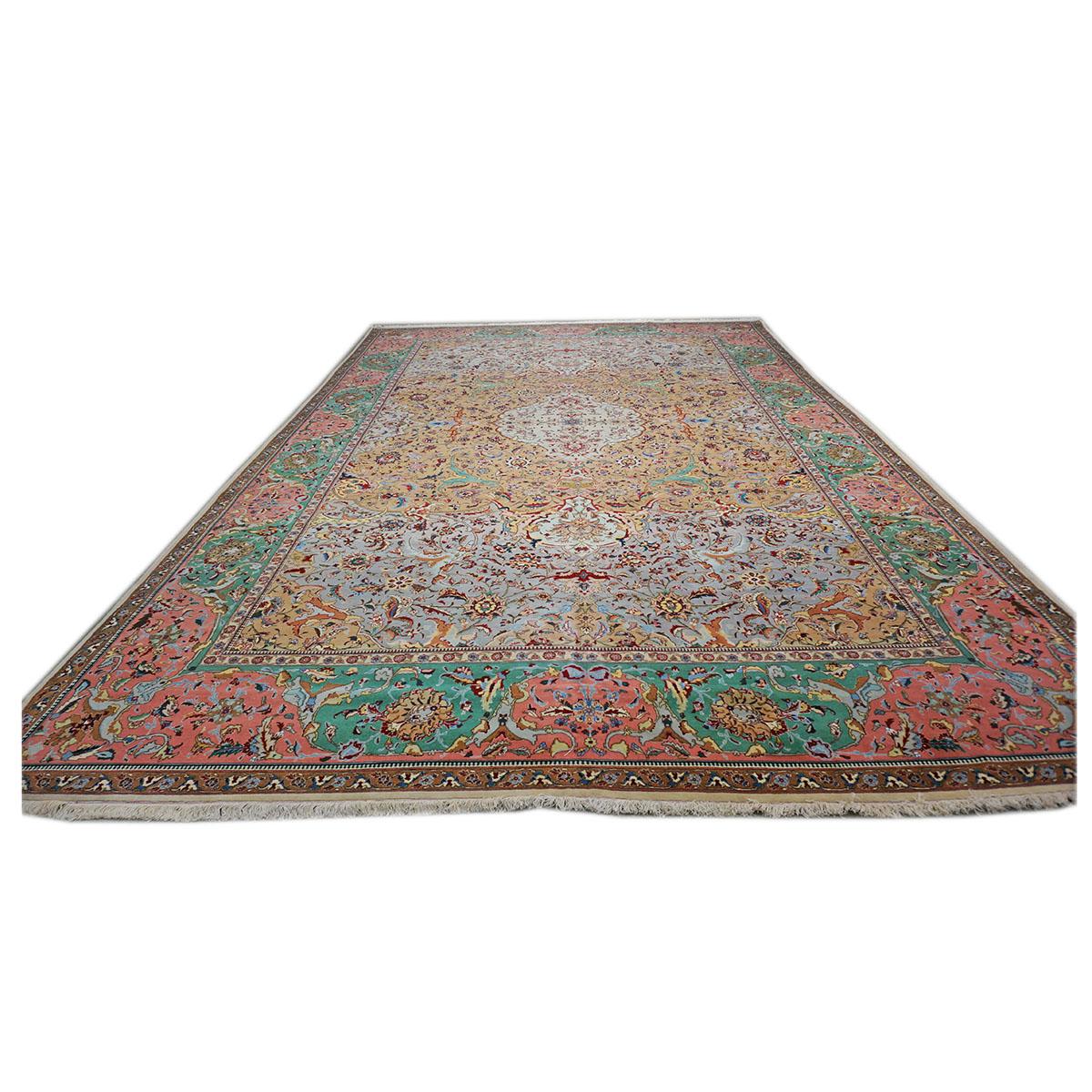 Hand-Woven Antique 1940s Persian Tabriz 11x17 Grey, Green, Pink, & Orange Handmade Area Rug For Sale