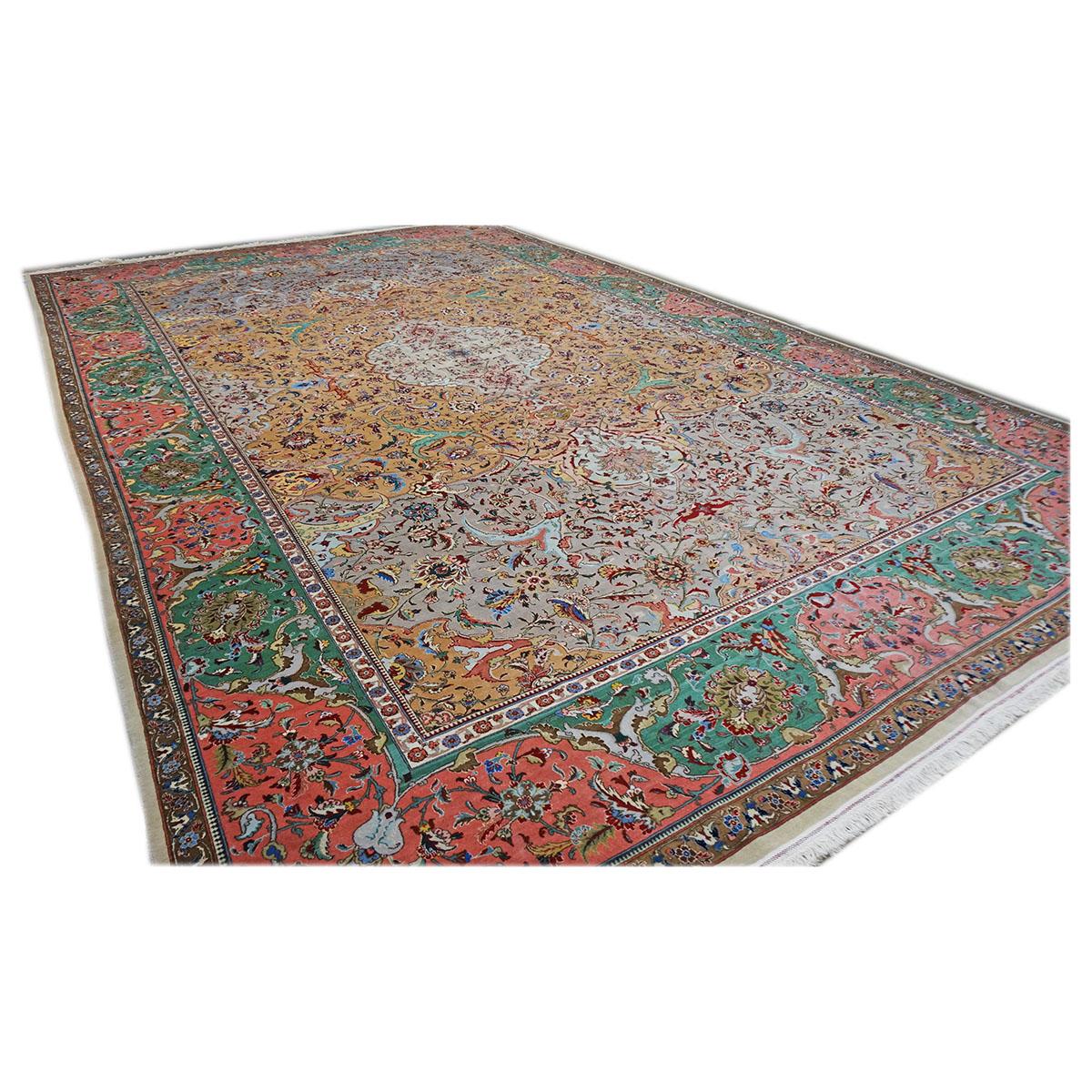 Antique 1940s Persian Tabriz 11x17 Grey, Green, Pink, & Orange Handmade Area Rug In Good Condition For Sale In Houston, TX