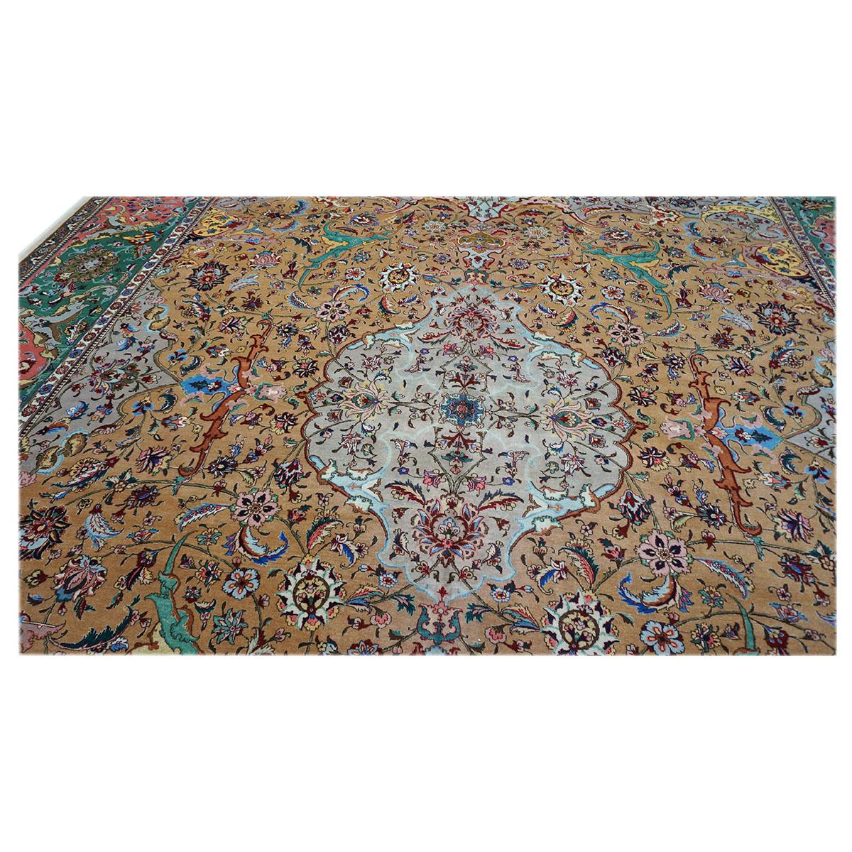 Wool Antique 1940s Persian Tabriz 11x17 Grey, Green, Pink, & Orange Handmade Area Rug For Sale
