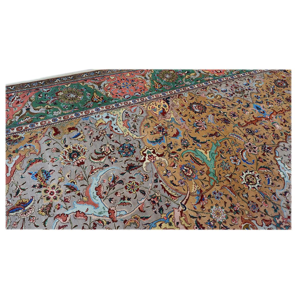 Laine Tapis persan antique Tabriz 11x17 gris, vert, rose et orange fait main des années 1940 en vente