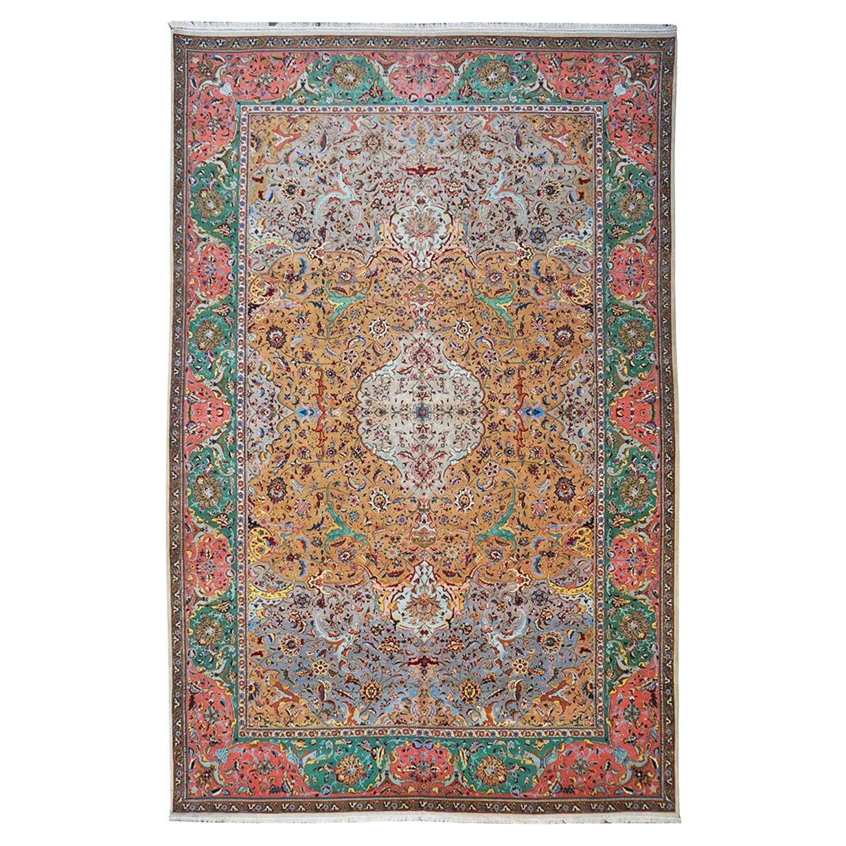 Antique 1940s Persian Tabriz 11x17 Grey, Green, Pink, & Orange Handmade Area Rug For Sale