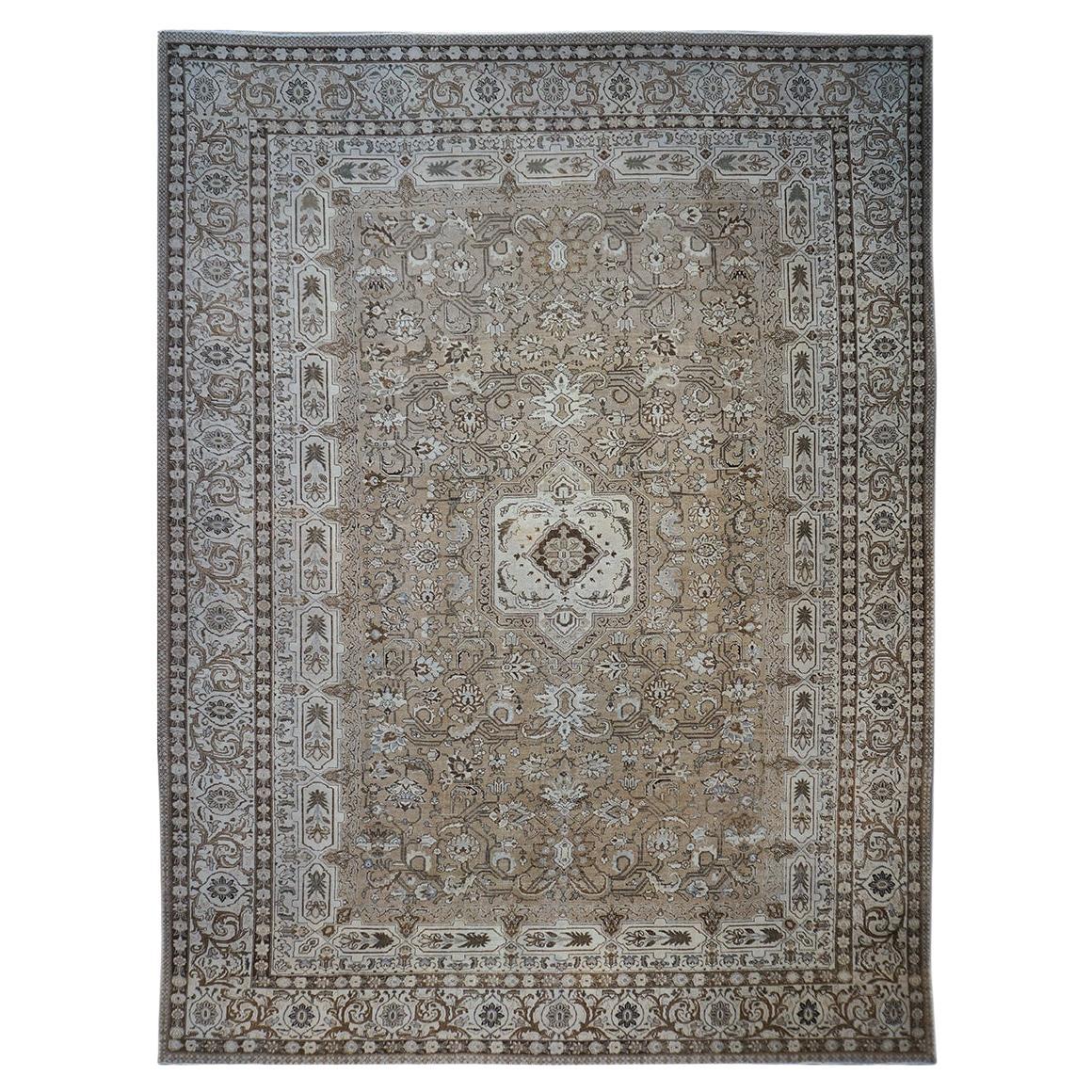 Antique Oversized 1940s Persian Tabriz 15x20 Grey & Tan Handmade Area Rug