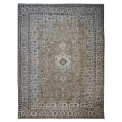 Tapis persan Tabriz surdimensionné des années 1940, 15 x 20, gris et brun clair, fait main