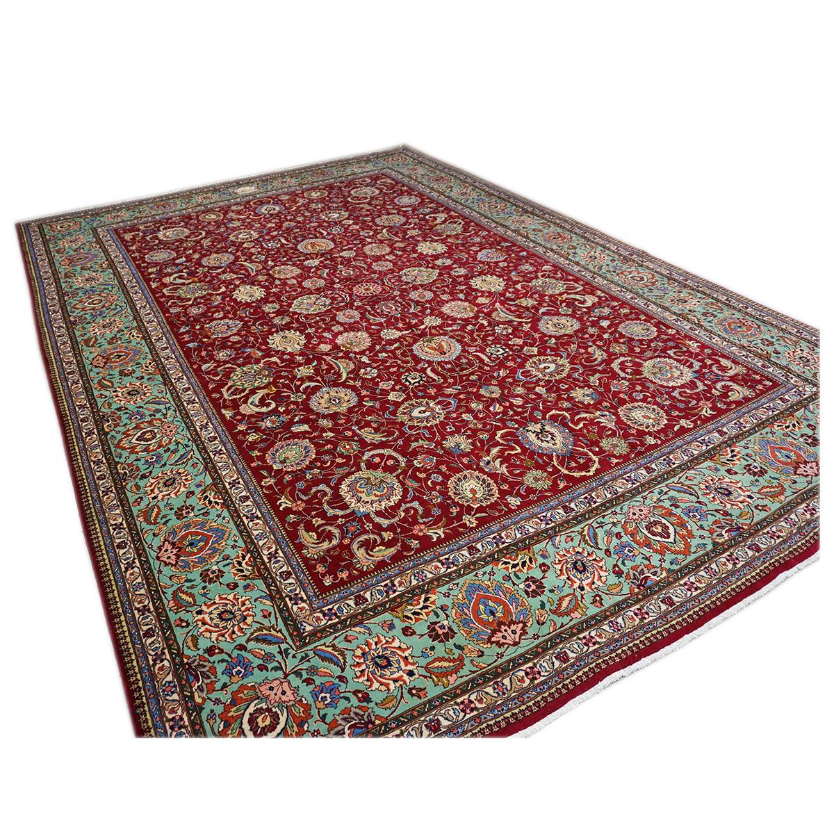 Hand-Woven Antique 1940s Persian Tabriz Pahlavi 11x16 Red, Teal, & Ivory Handmade Area Rug For Sale