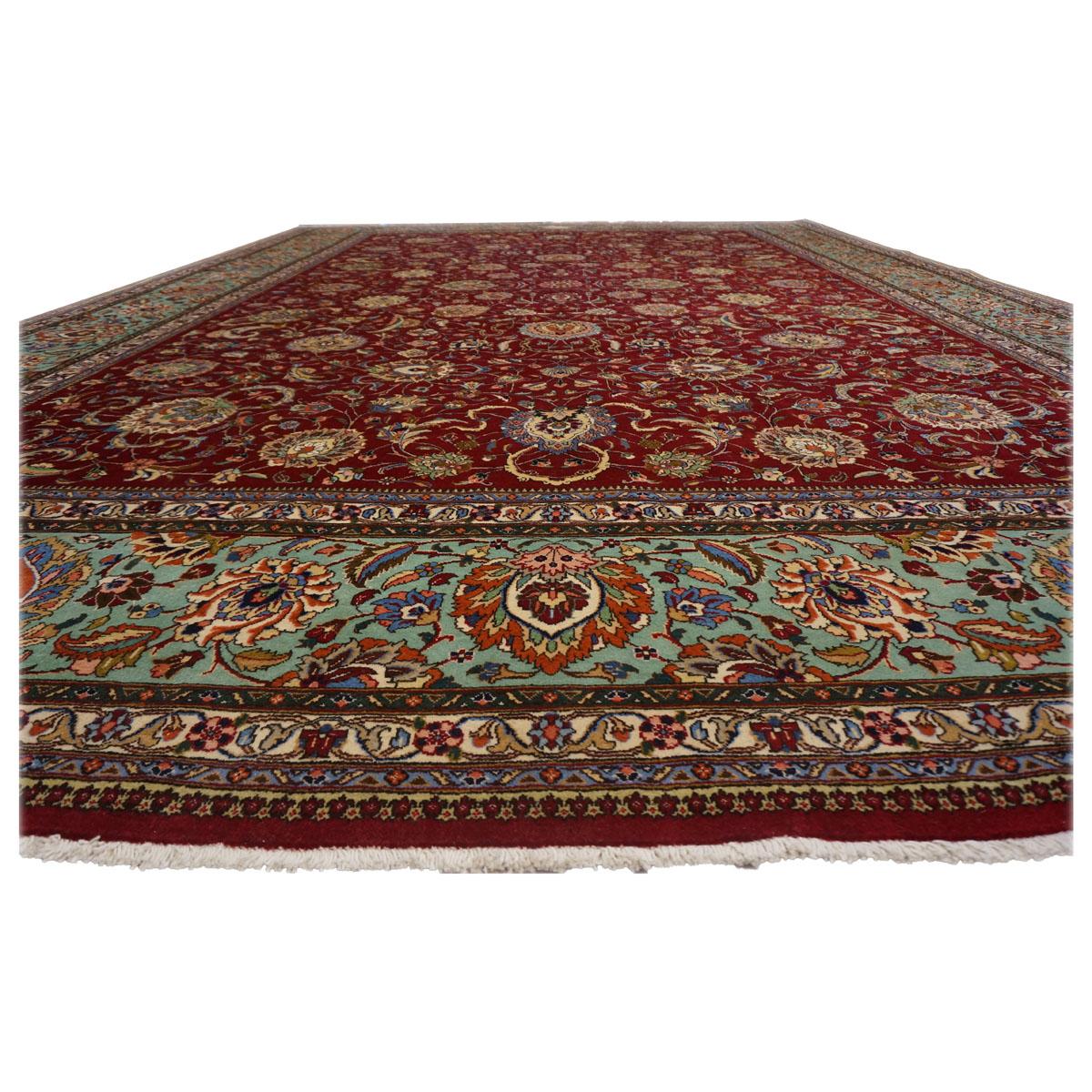 Antique 1940s Persian Tabriz Pahlavi 11x16 Red, Teal, & Ivory Handmade Area Rug In Good Condition For Sale In Houston, TX