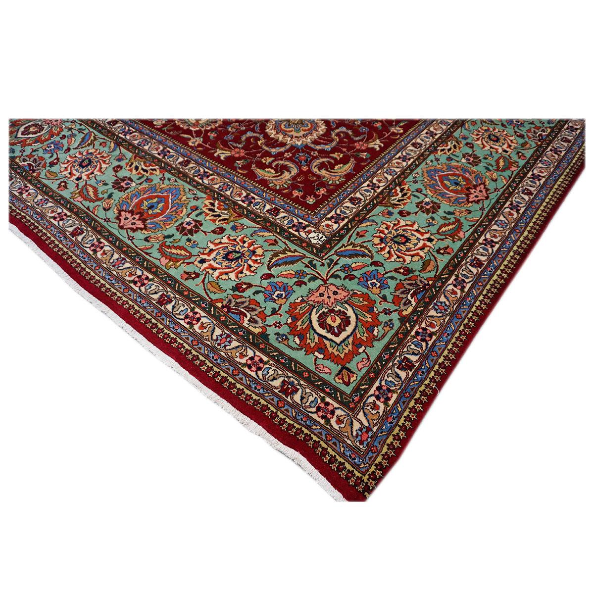 Antique 1940s Persian Tabriz Pahlavi 11x16 Red, Teal, & Ivory Handmade Area Rug For Sale 1