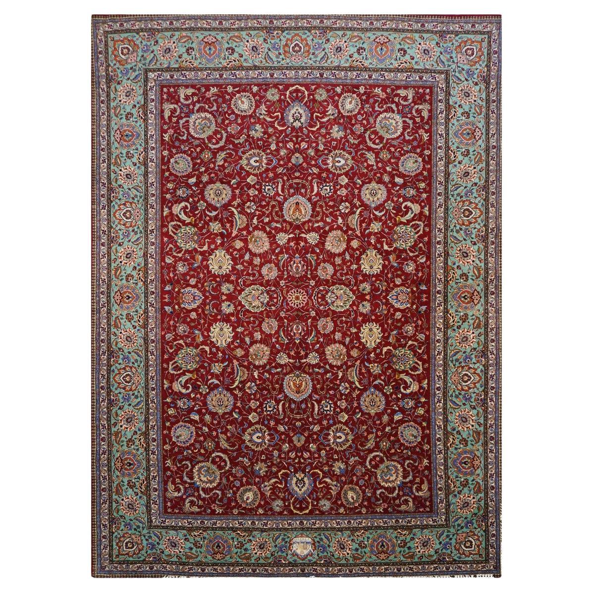 Antique 1940s Persian Tabriz Pahlavi 11x16 Red, Teal, & Ivory Handmade Area Rug For Sale