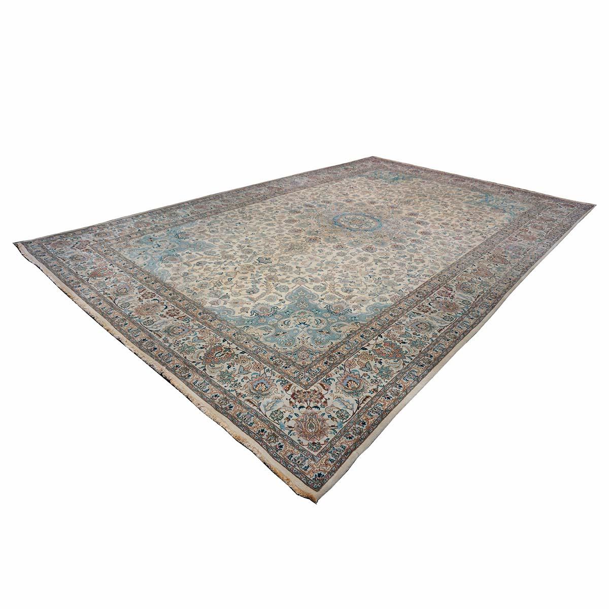 Antique 1940s Persian Tabriz Pahlavi 11x18 Ivory & Blue Handmade Area Rug In Good Condition For Sale In Houston, TX
