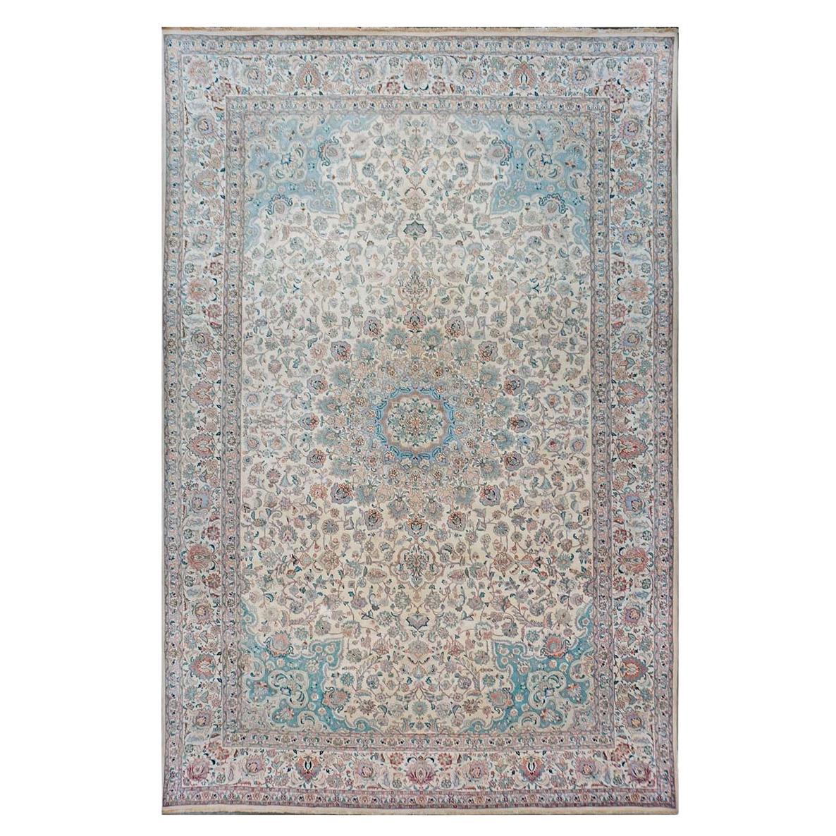 Antique 1940s Persian Tabriz Pahlavi 11x18 Ivory & Blue Handmade Area Rug For Sale