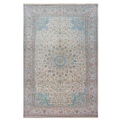 Tapis persan antique Tabriz Pahlavi 11x18 ivoire et bleu fait main des années 1940