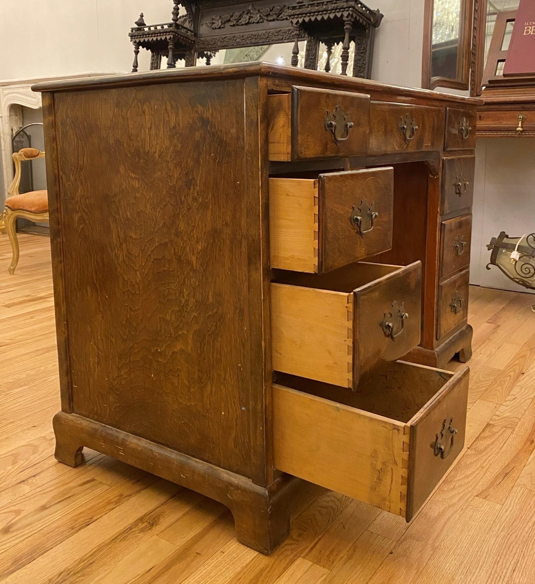 Antique 1940s Wood Kneehole Desk with Chippendale Style Pulls In Good Condition In New York, NY