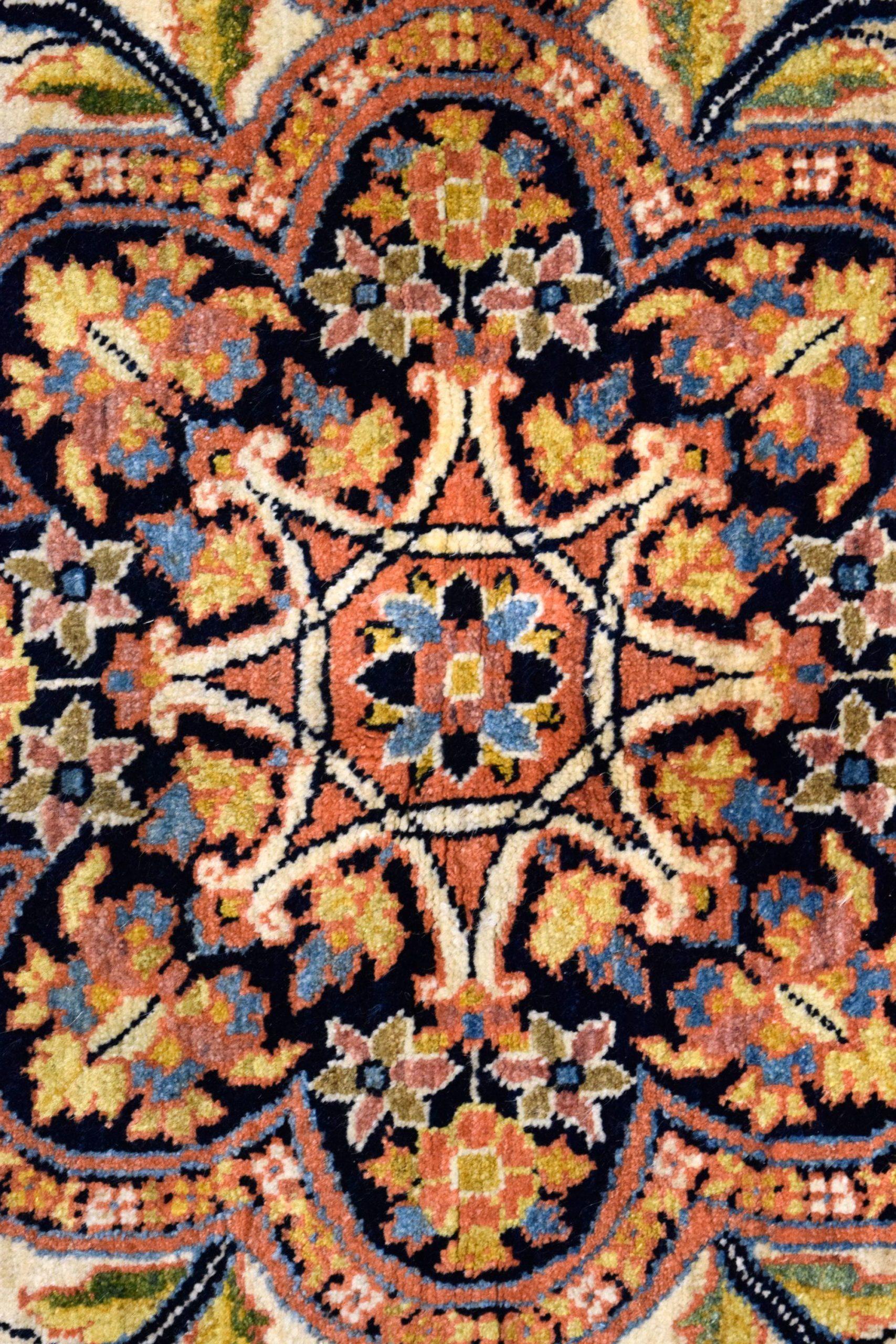 Persian Antique 1940s Wool Semnan Carpet in Cream, Black, Blue, and Pink, 5' x 7' For Sale