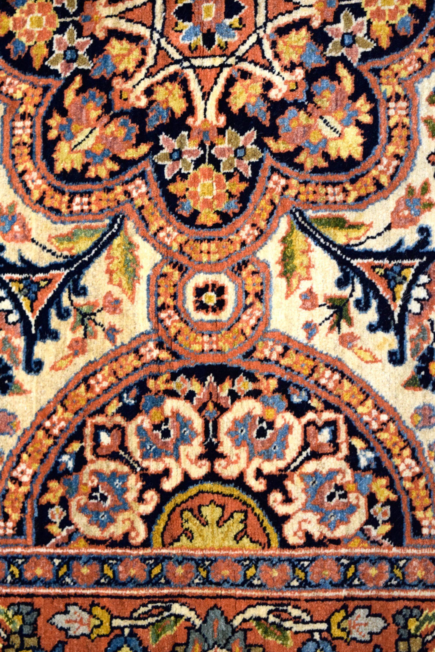 Vegetable Dyed Antique 1940s Wool Semnan Carpet in Cream, Black, Blue, and Pink, 5' x 7' For Sale