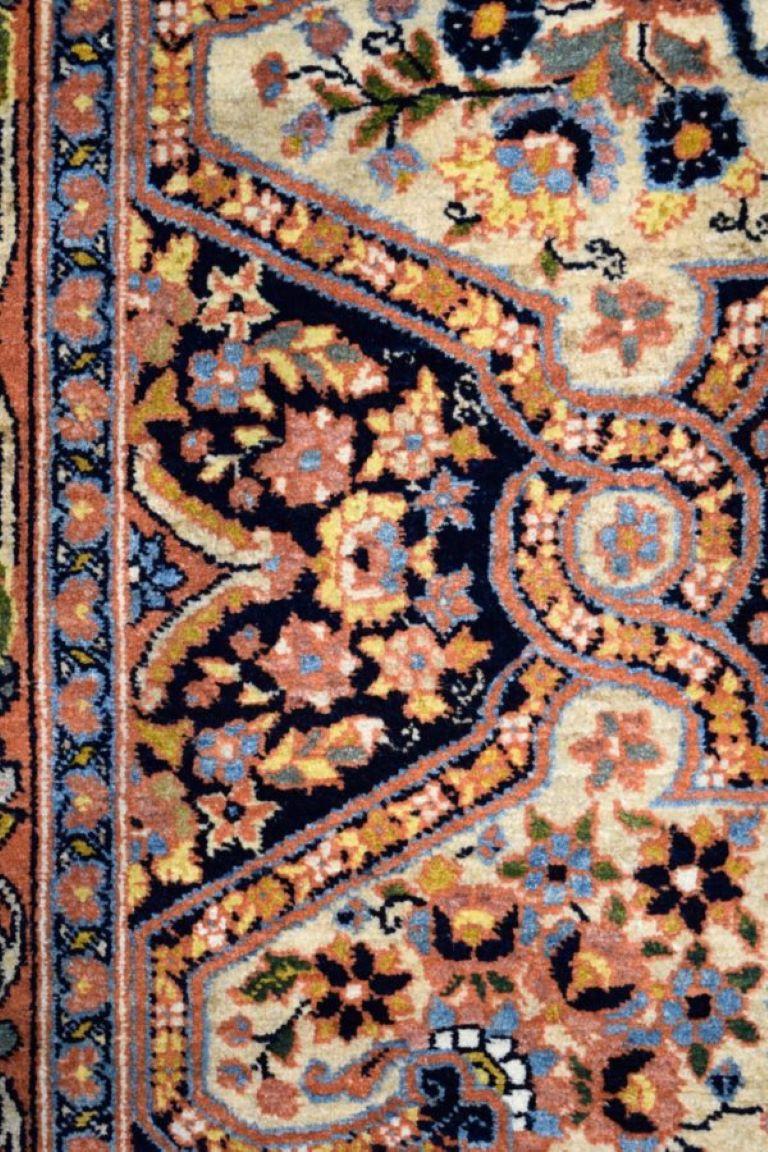 Mid-20th Century Antique 1940s Wool Semnan Carpet in Cream, Black, Blue, and Pink, 5' x 7' For Sale