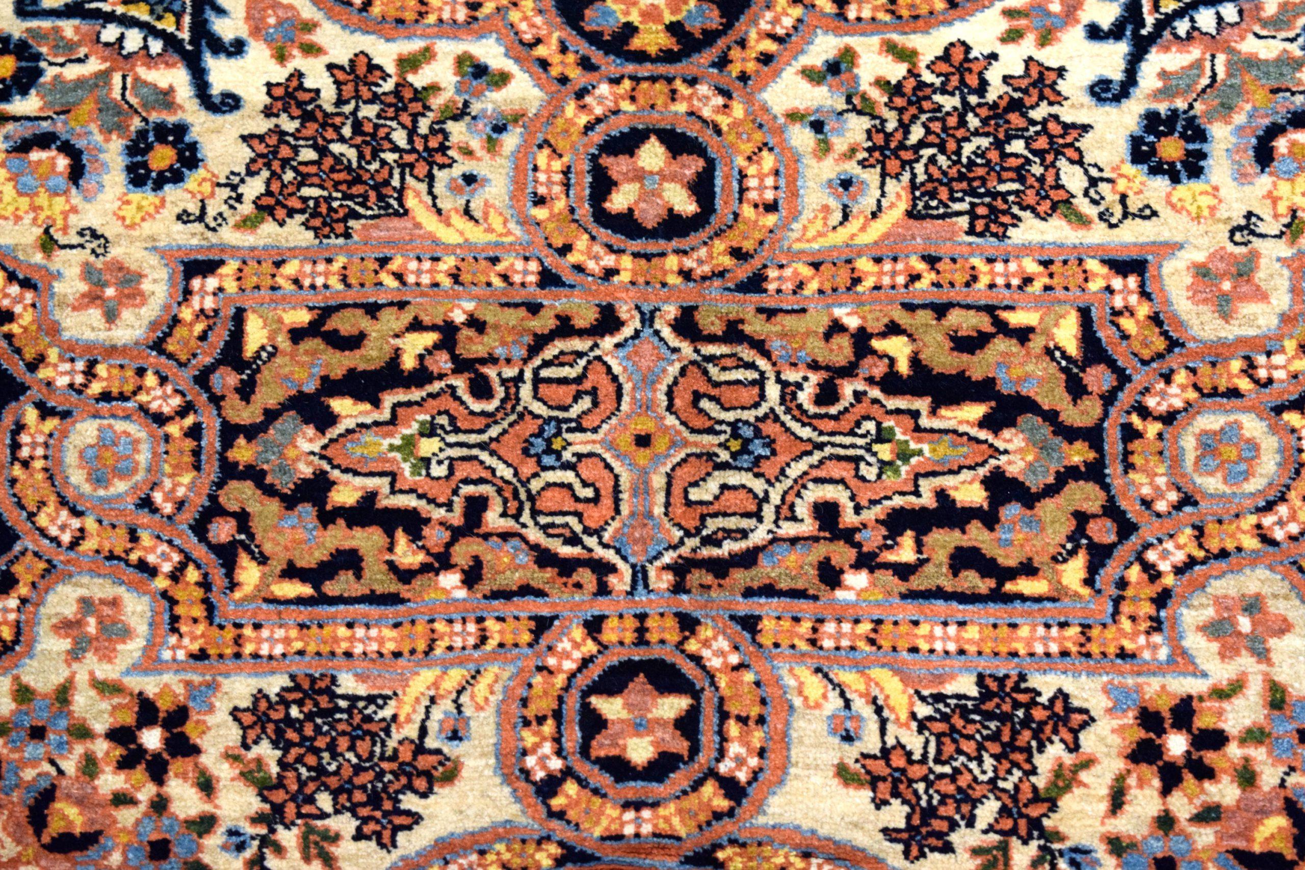 Antique 1940s Wool Semnan Carpet in Cream, Black, Blue, and Pink, 5' x 7' For Sale 1