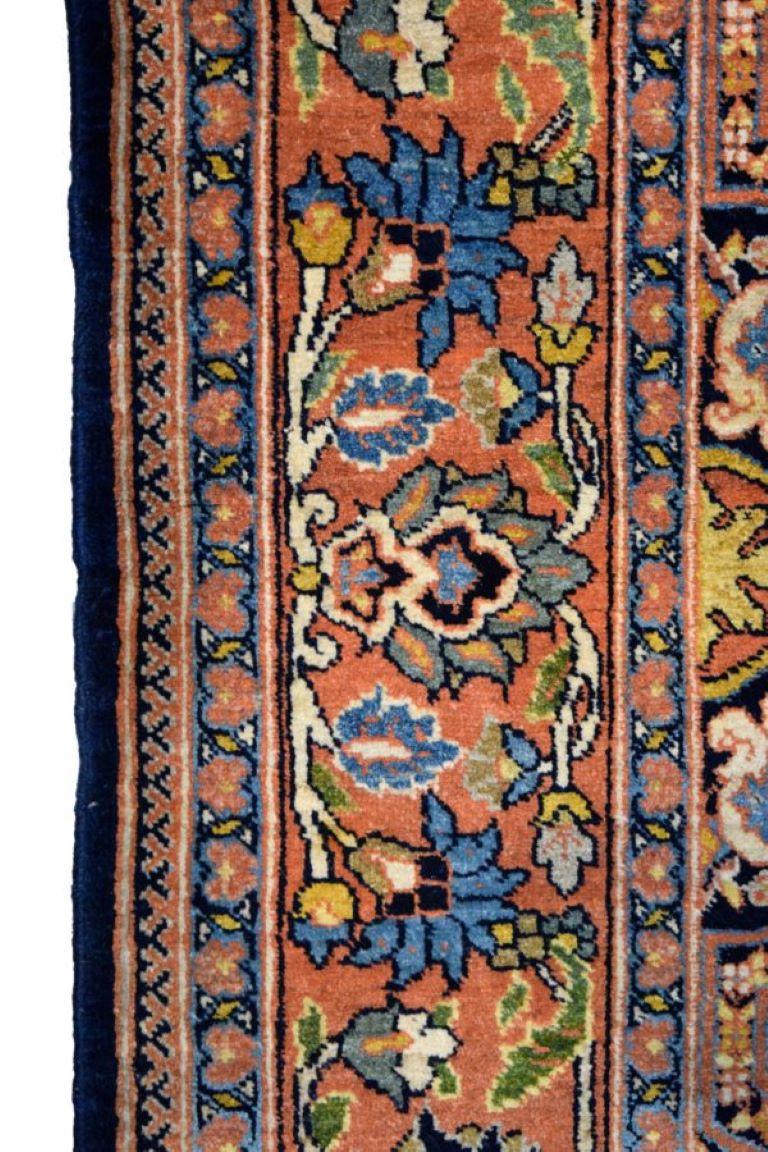Antique 1940s Wool Semnan Carpet in Cream, Black, Blue, and Pink, 5' x 7' For Sale 2