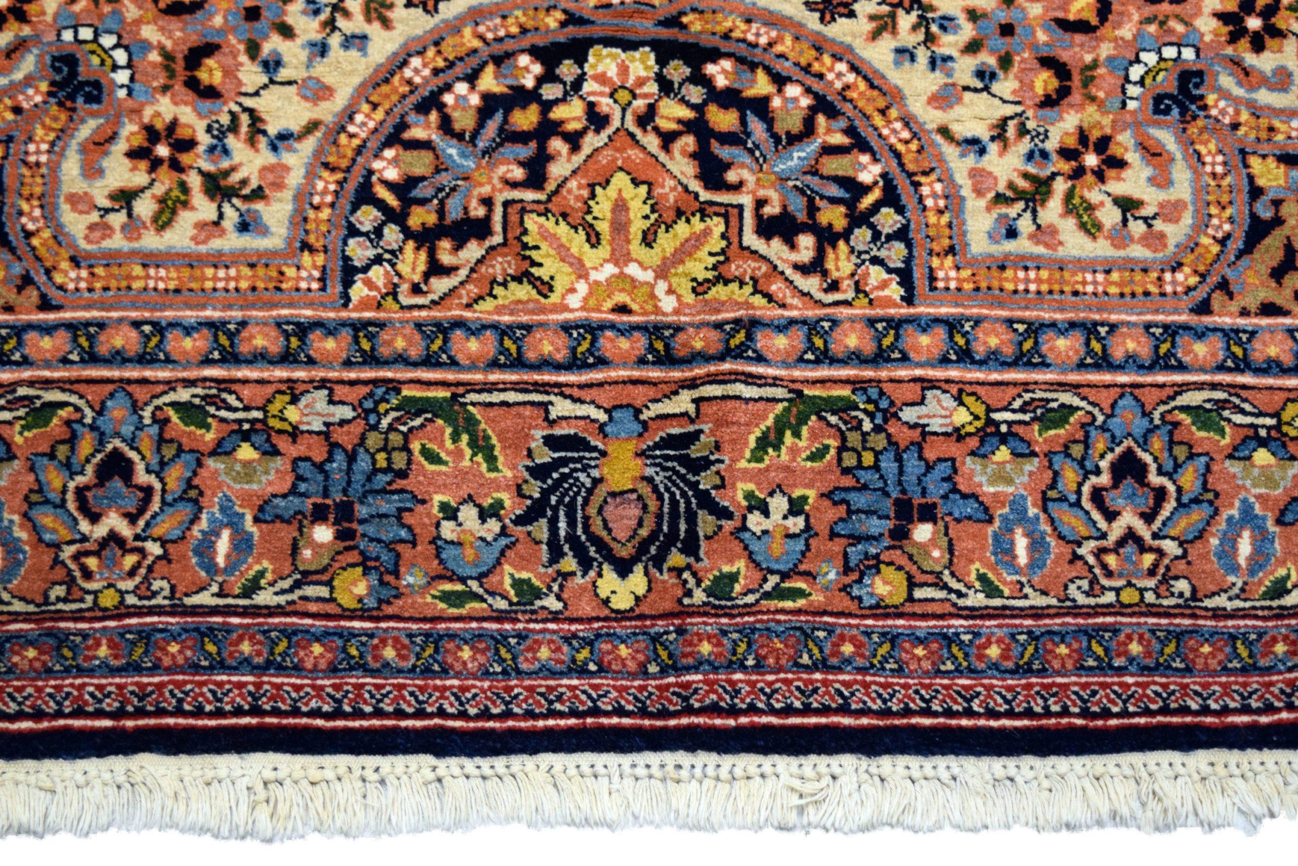 Antique 1940s Wool Semnan Carpet in Cream, Black, Blue, and Pink, 5' x 7' For Sale 3
