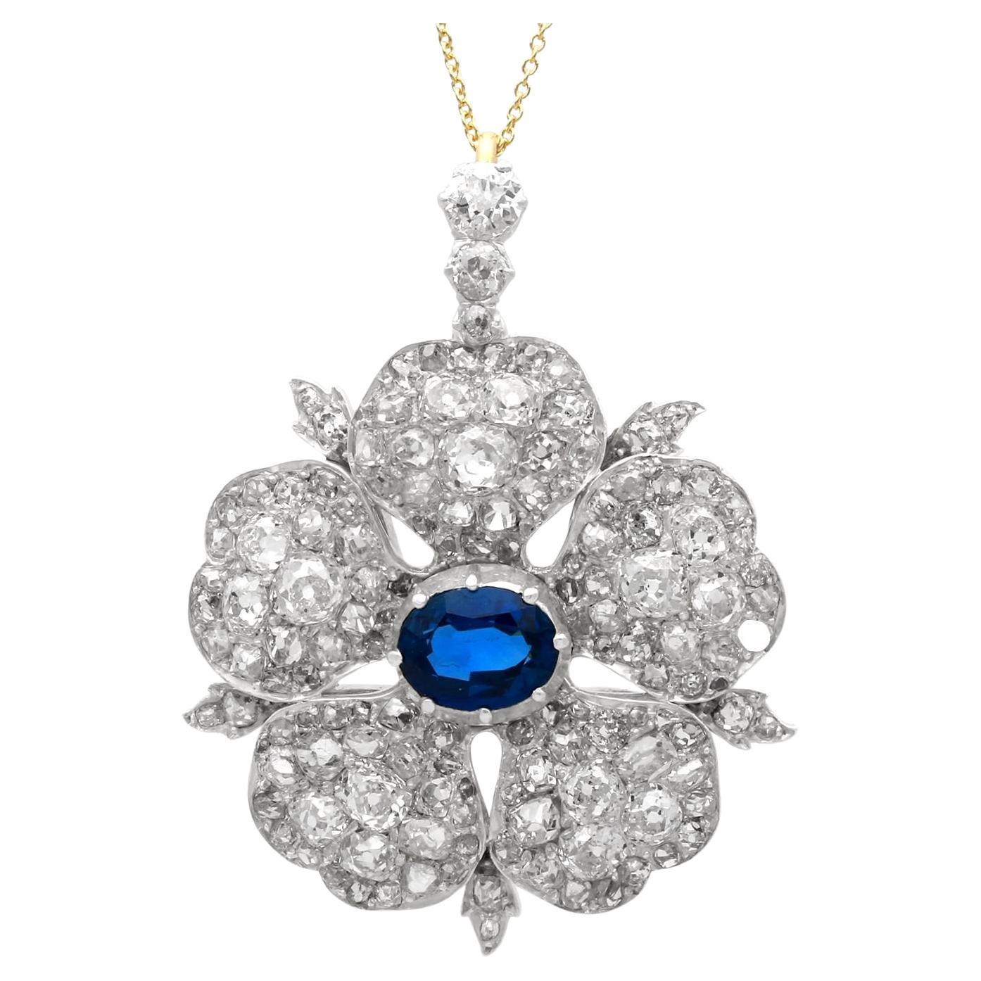 Antique 1.95 Carat Sapphire 6.05 Carat Diamond and Silver Pendant/Brooch