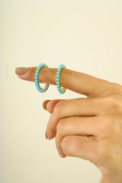 Antique 1.95 CTS Turquoise Cabochon Eternity Band Ring in 14k Solid White Gold