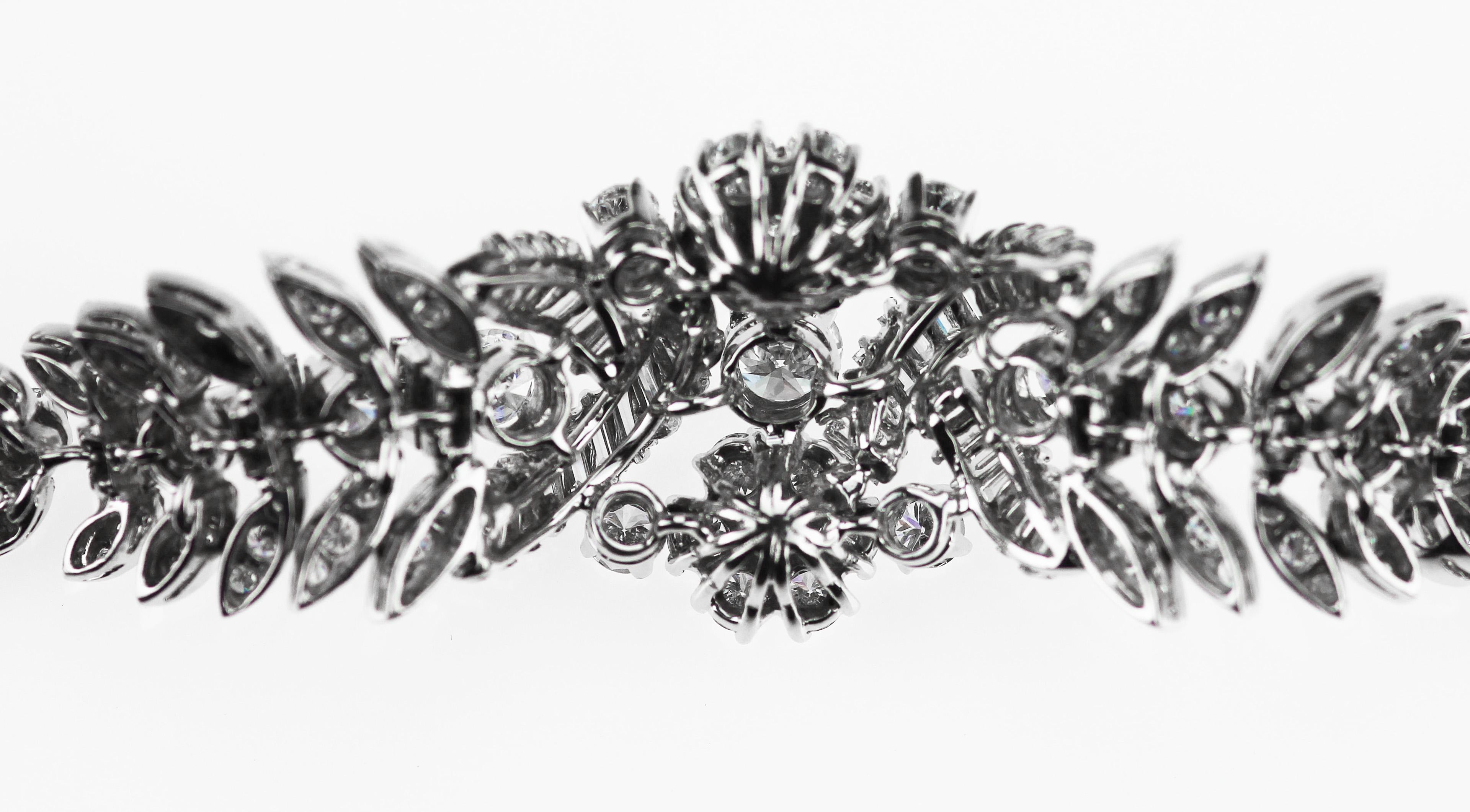 Antique 1950 Diamond Statement/Cocktail Flower Leaves Bracelet in 18k White Gold 1