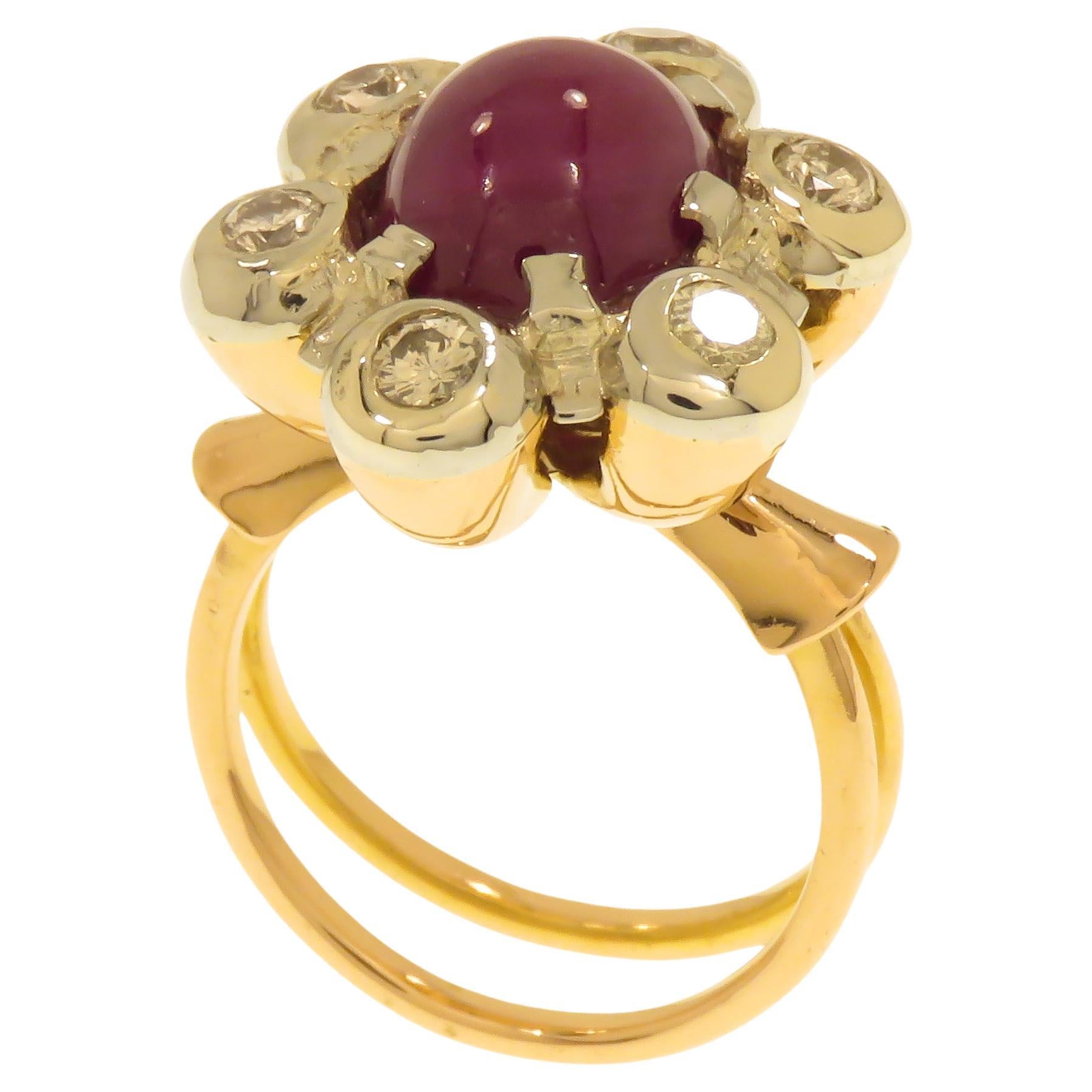 Antique 18 carat rose and white gold floral cluster ring with cabochon cut ruby 12 x 8 millimeters /  0.472 x 0.314 inches and brilliant cut white diamonds totally 0.50 carat circa. Dating back to 1950s apx. Finger Size: Us 5.5, Italian 10, French