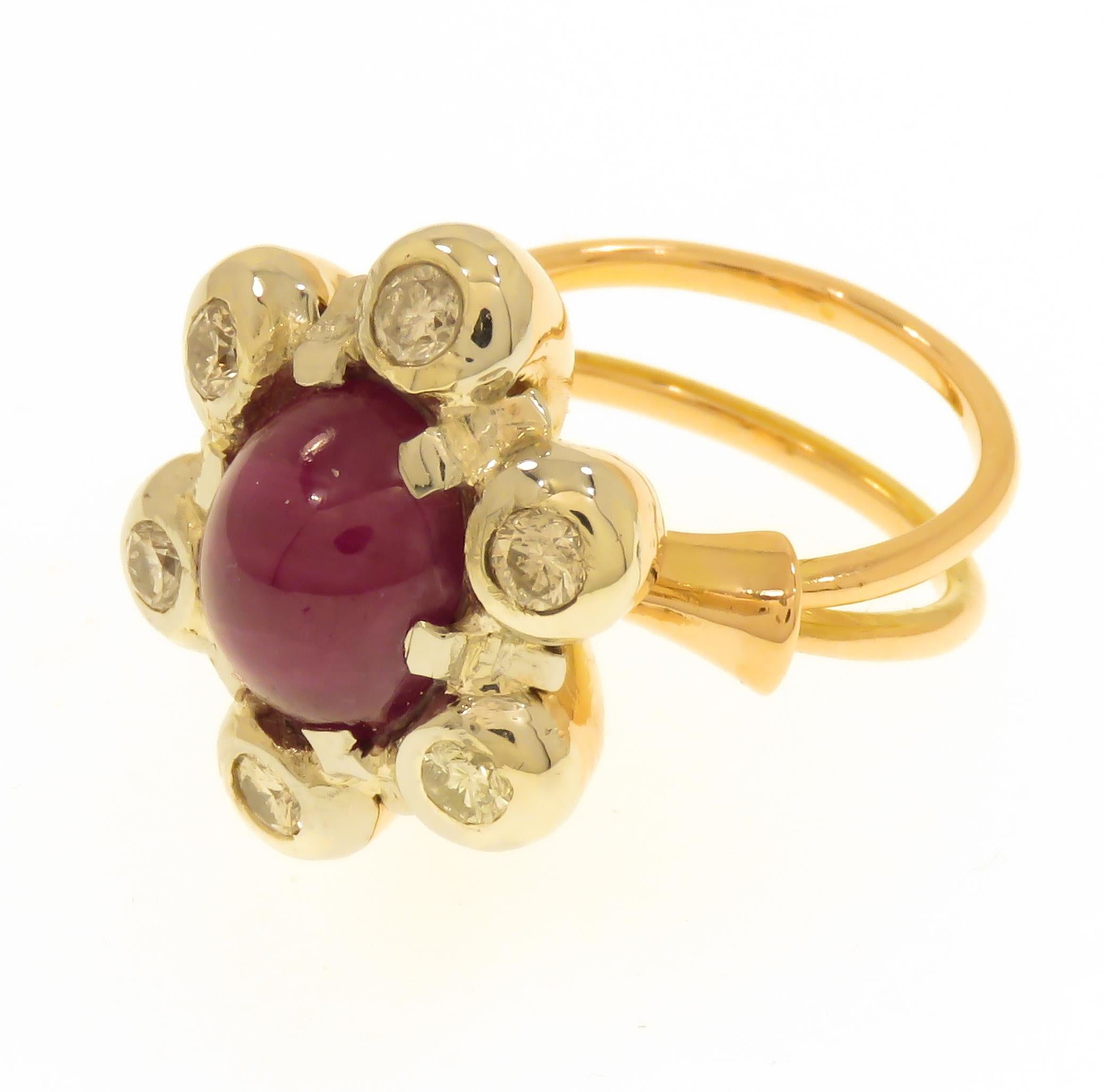Women's Antique 1950s Cabochon Ruby Diamonds 18 Carat Gold Floral Cluster Ring For Sale