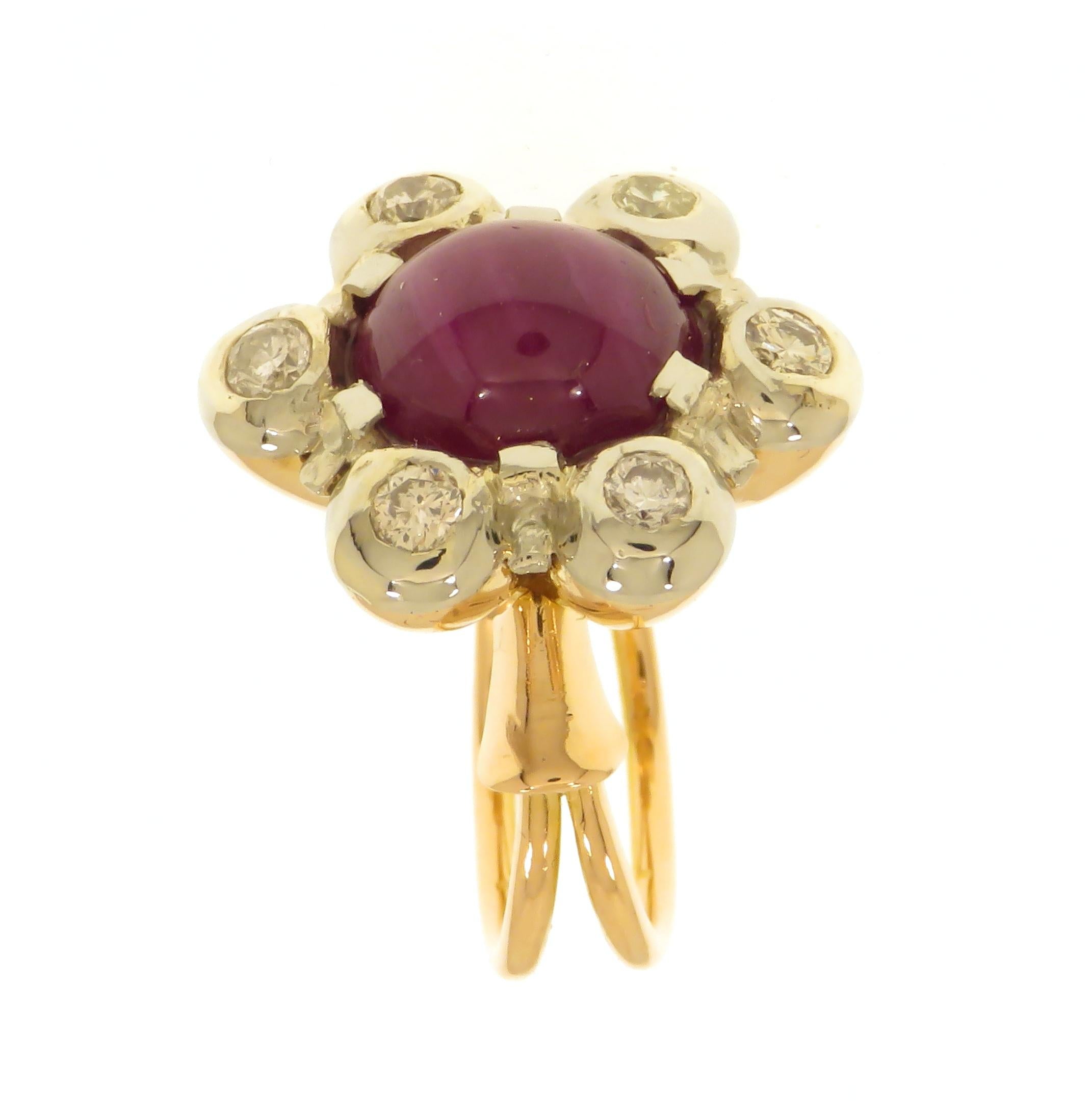 Antique 1950s Cabochon Ruby Diamonds 18 Carat Gold Floral Cluster Ring For Sale 4