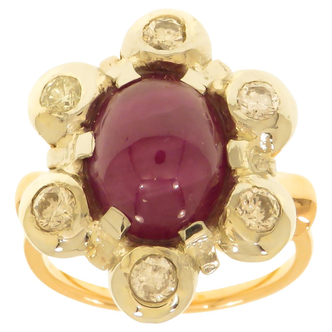 Antique 1950s Cabochon Ruby Diamonds 18 Carat Gold Floral Cluster Ring For Sale