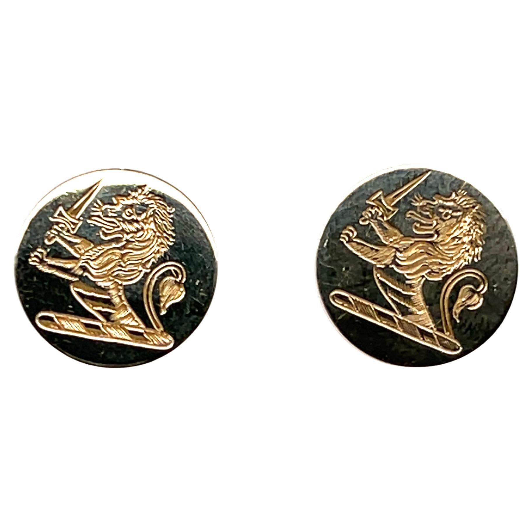 Antique 1950s Grogan Hand Engraved Heraldic Lion Yellow Gold Round Disc Studs For Sale