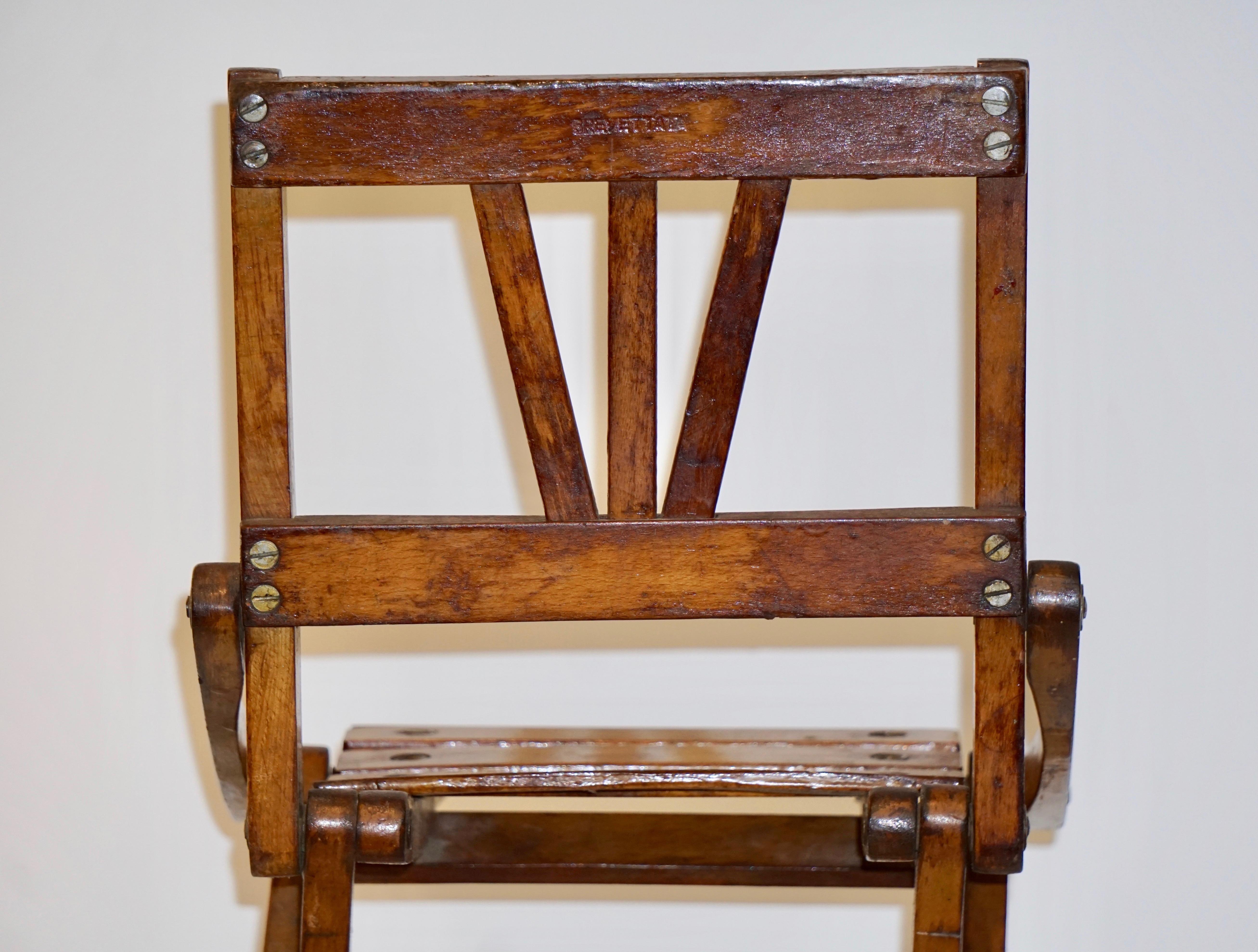 Metal Antique 1950s Italian Handcrafted Oak Doll / Miniature Folding Chair For Sale