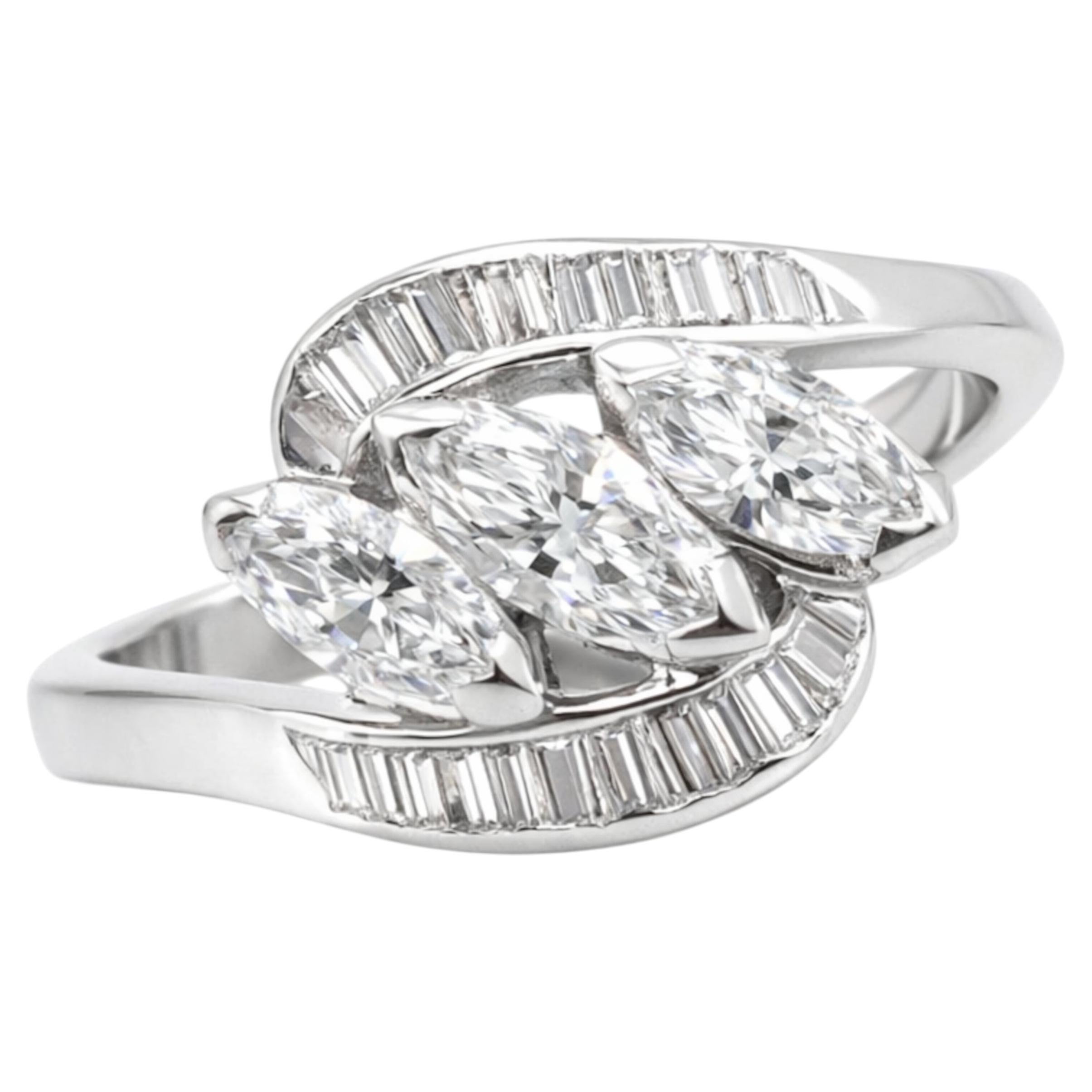 Antique 1950s Retro Platinum Diamond Ring 3 Carats